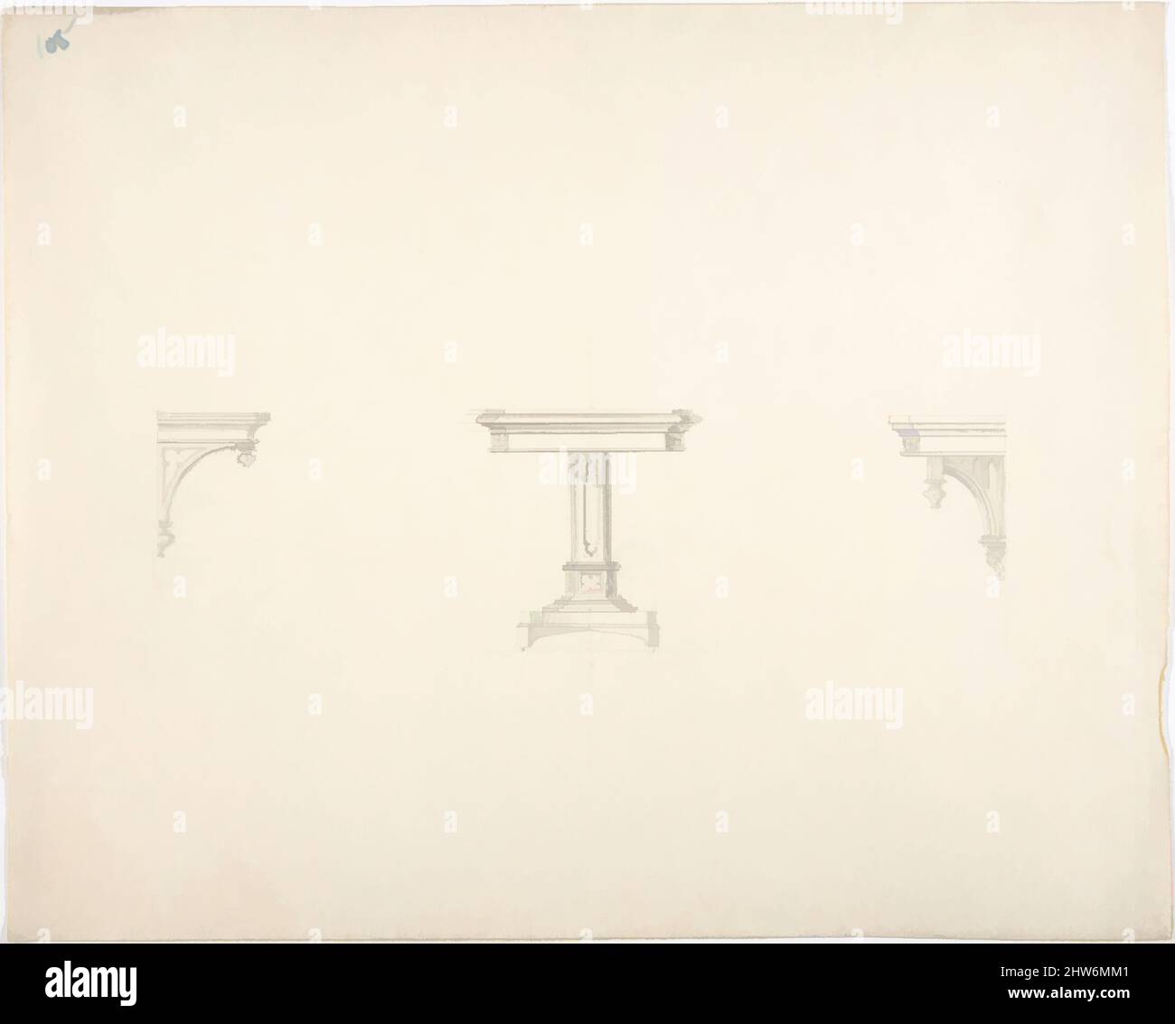 Art Inspired by Design for a Small Gothic Pedestal Table and Two Brackets, Early 19th Century, Graphite, sheet: 9 9/16 x 11 7/8 in. (24,3 x 30,2 cm), Anonymous, British, 19th secolo, opere classiche modernizzate da Artotop con un tuffo di modernità. Forme, colore e valore, impatto visivo accattivante sulle emozioni artistiche attraverso la libertà delle opere d'arte in modo contemporaneo. Un messaggio senza tempo che persegue una nuova direzione selvaggiamente creativa. Artisti che si rivolgono al supporto digitale e creano l'NFT Artotop Foto Stock