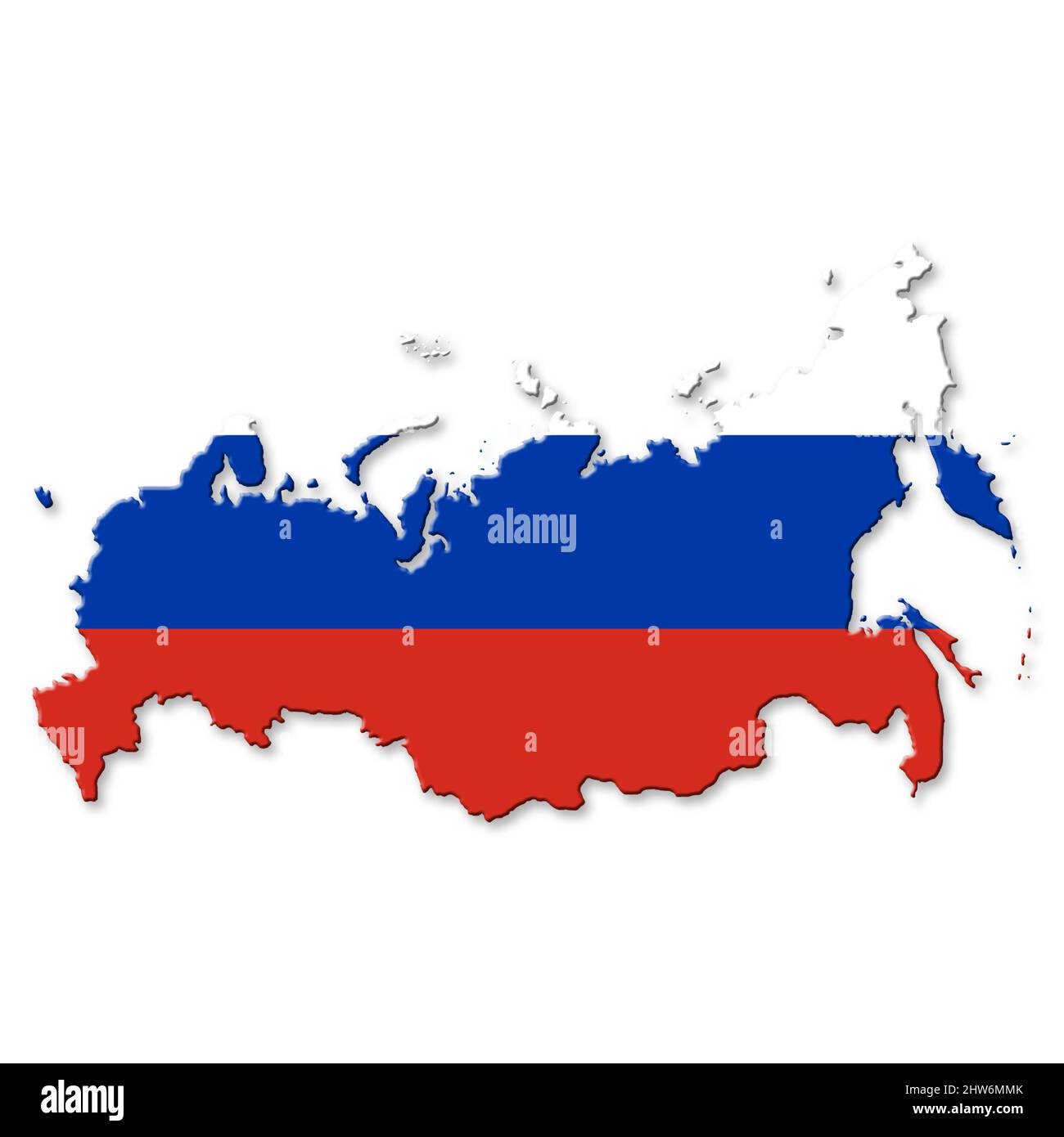Mappa del contorno della Russia con bandiera russa sovrapposta su bianco Foto Stock