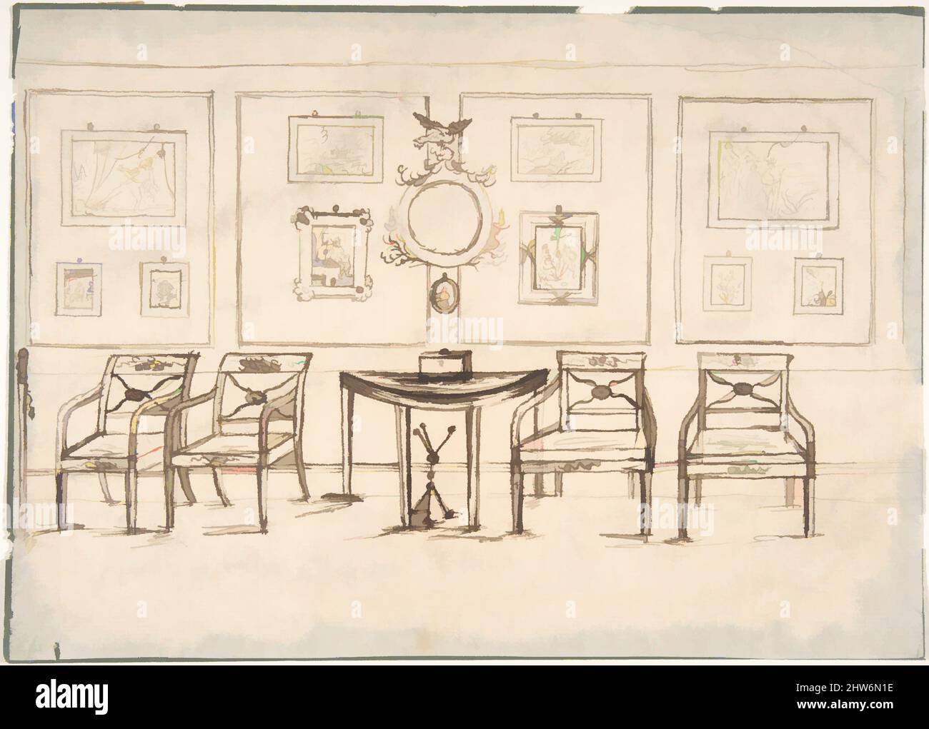 Arte ispirata da interni con quattro poltrone, uno specchio rotondo, tavolo Demilune e stampe incorniciate o disegni, fine 18th secolo, penna e inchiostro nero, foglio: 6 1/2 x 9 1/16 pollici. (16,5 x 23 cm), Anonymous, British, fine 18th secolo, opere classiche modernizzate da Artotop con un tuffo di modernità. Forme, colore e valore, impatto visivo accattivante sulle emozioni artistiche attraverso la libertà delle opere d'arte in modo contemporaneo. Un messaggio senza tempo che persegue una nuova direzione selvaggiamente creativa. Artisti che si rivolgono al supporto digitale e creano l'NFT Artotop Foto Stock