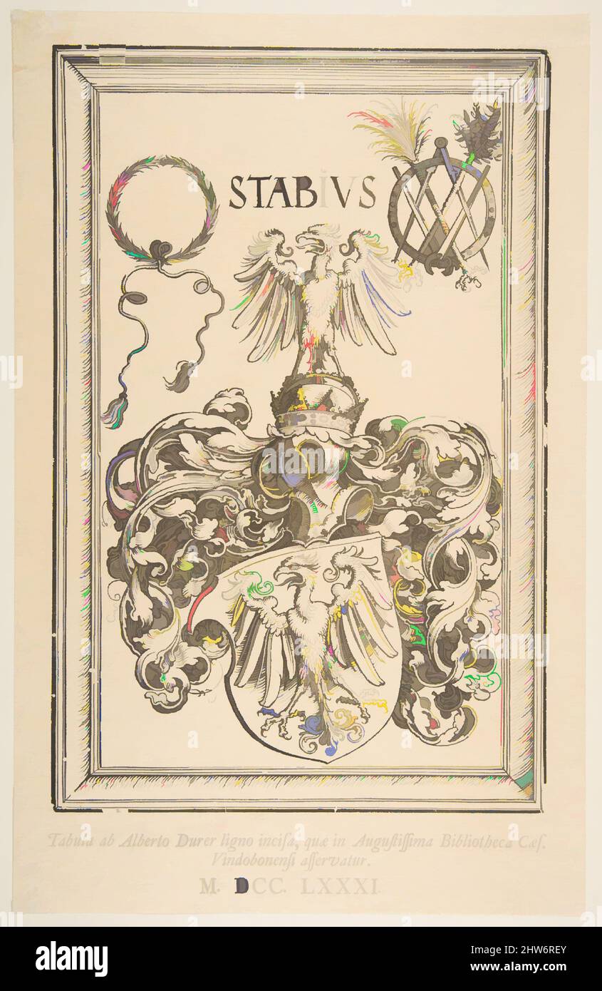 Art Inspired by Coat -of-Arms of Johan Stabius, Edizione del 1781, n.d., Woodcut, foglio: 13 11/16 x 8 3/4 poll. (34,8 x 22,2 cm), Prints, Albrecht Dürer (tedesco, Norimberga 1471–1528 Norimberga, opere classiche modernizzate da Artotop con un tocco di modernità. Forme, colore e valore, impatto visivo accattivante sulle emozioni artistiche attraverso la libertà delle opere d'arte in modo contemporaneo. Un messaggio senza tempo che persegue una nuova direzione selvaggiamente creativa. Artisti che si rivolgono al supporto digitale e creano l'NFT Artotop Foto Stock