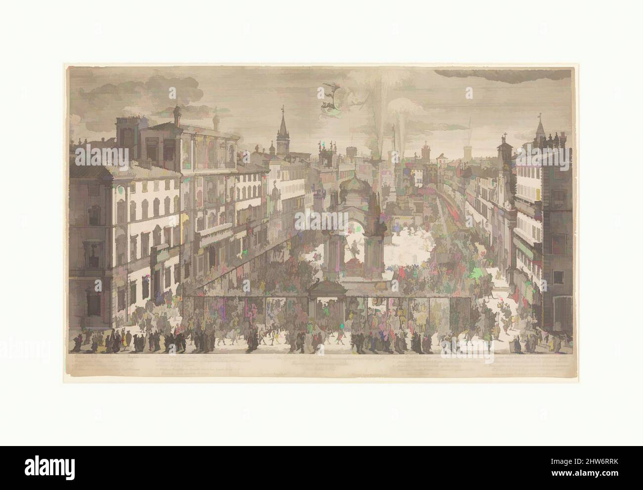 Arte ispirata alla Fête degli Spagnoli a Roma nell'anno del Giubileo, 1650, ca. 1650, incisione, foglio: 15 3/16 x 24 15/16 poll. (38,6 x 63,3 cm), Dominique Barrière (francese, Marsiglia 1610–1678), Vista del Piazzo Navona durante la celebrazione giubilare del 1650 tenuta dagli spagnoli. Le opere, Classic modernizzate da Artotop con un tuffo di modernità. Forme, colore e valore, impatto visivo accattivante sulle emozioni artistiche attraverso la libertà delle opere d'arte in modo contemporaneo. Un messaggio senza tempo che persegue una nuova direzione selvaggiamente creativa. Artisti che si rivolgono al supporto digitale e creano l'NFT Artotop Foto Stock