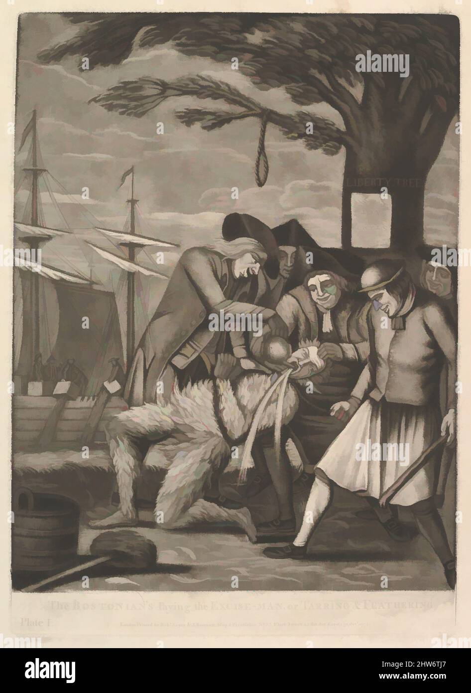 Arte ispirata dai Bostoniani che pagano l'accise-Man, o Tarring & Feathering, 31 ottobre 1774, Mezzotint e incisione, foglio: 14 x 10 1/8 pollici. (35,6 x 25,7 cm), stampe, attribuite a Philip Dawe (britannico, 1745?–?1809, opere classiche modernizzate da Artotop con un tuffo di modernità. Forme, colore e valore, impatto visivo accattivante sulle emozioni artistiche attraverso la libertà delle opere d'arte in modo contemporaneo. Un messaggio senza tempo che persegue una nuova direzione selvaggiamente creativa. Artisti che si rivolgono al supporto digitale e creano l'NFT Artotop Foto Stock