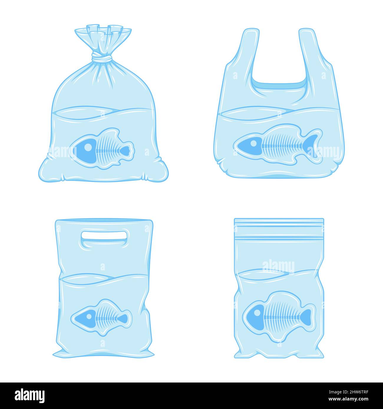 Set di illustrazioni blu con ombra da sacchetti di plastica, imballaggio con pesci e scheletri. Oggetti vettoriali isolati su sfondo bianco. Illustrazione Vettoriale