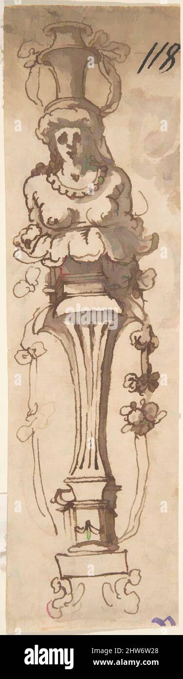 Arte ispirata da Design for A Female Term con un vaso (recto); schizzo di maschio drappeggiato (verso), 17th secolo, inchiostro Pen e marrone, pennello e lavaggio marrone, su tracce di gesso rosso (recto); penna e inchiostro marrone (verso), foglio: 6 5/8 x 1 7/8 poll. (16,8 x 4,7 cm), Anonimo, Italiano, 17th secolo, opere classiche modernizzate da Artotop con un tuffo di modernità. Forme, colore e valore, impatto visivo accattivante sulle emozioni artistiche attraverso la libertà delle opere d'arte in modo contemporaneo. Un messaggio senza tempo che persegue una nuova direzione selvaggiamente creativa. Artisti che si rivolgono al supporto digitale e creano l'NFT Artotop Foto Stock