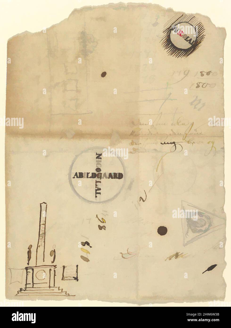 Arte ispirata a Note con studi per la colonna della libertà (Frihedstøtten), ca. 1791, inchiostro a penna e marrone, grafite, foglio: 6 1/16 x 4 1/2 pollici (15,4 x 11,4 cm), disegni, Nicolai Abraham Abildgaard (Danese, Copenhangen 1743–1809 Frederiksdal, opere classiche modernizzate da Artotop con un tuffo di modernità. Forme, colore e valore, impatto visivo accattivante sulle emozioni artistiche attraverso la libertà delle opere d'arte in modo contemporaneo. Un messaggio senza tempo che persegue una nuova direzione selvaggiamente creativa. Artisti che si rivolgono al supporto digitale e creano l'NFT Artotop Foto Stock