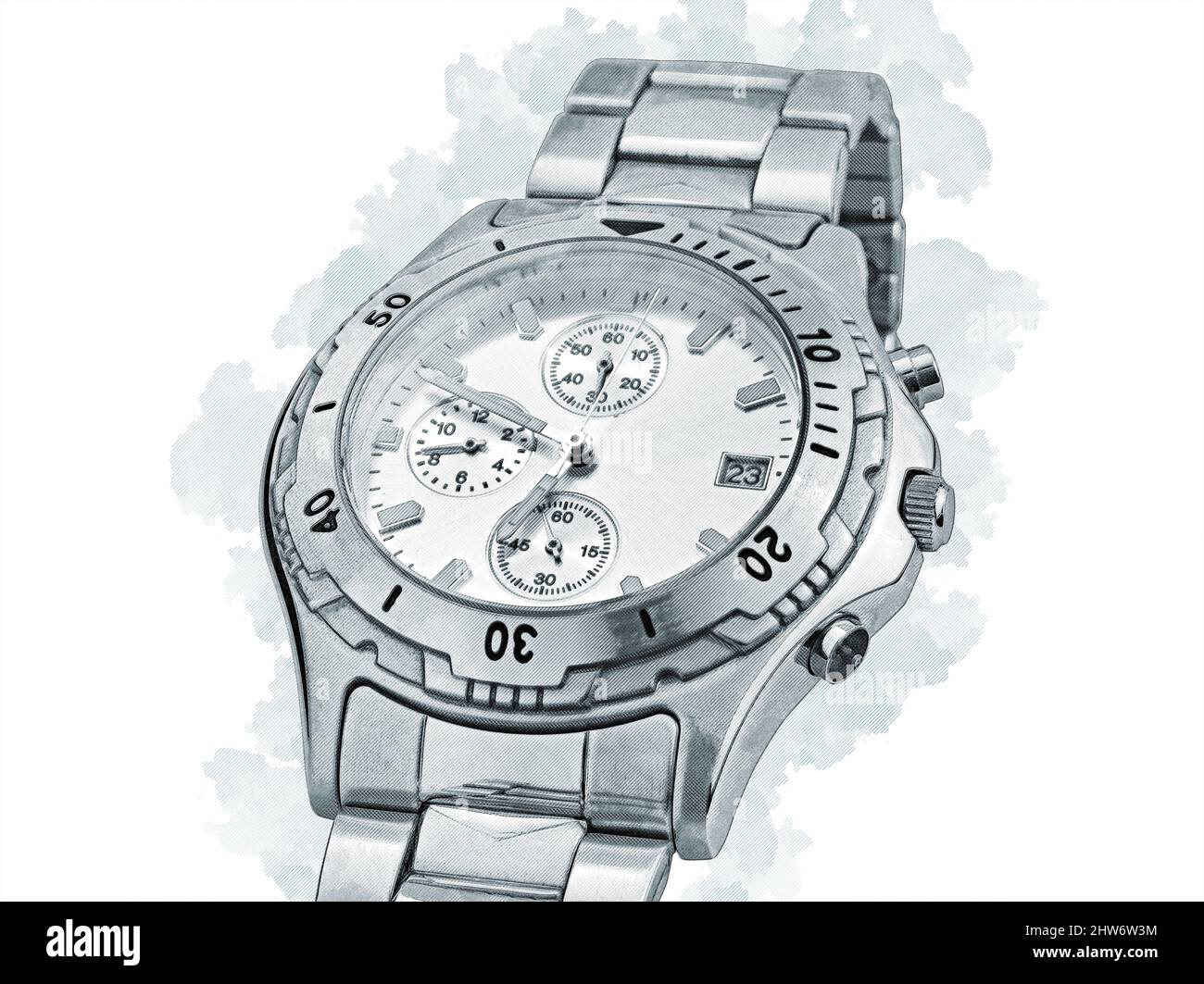 Illustrazione Arte di un orologio da polso automatico su portelloni blu grigio Foto Stock