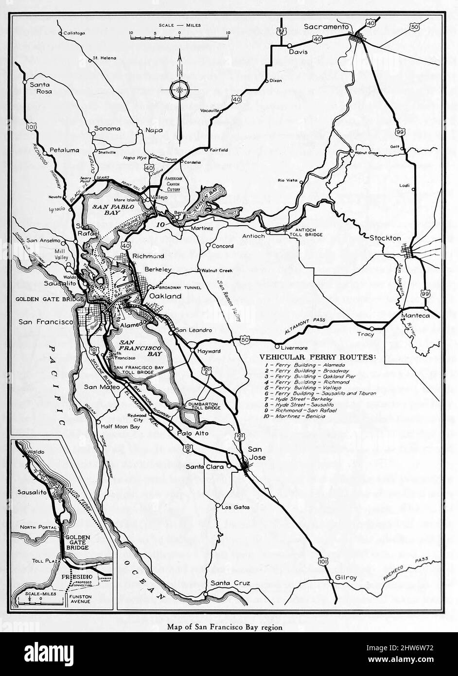 Mappa della regione della baia di San Francisco dal Golden Gate Bridge; rapporto del Chief Engineer al Consiglio di Amministrazione del Golden Gate Bridge and Highway District, California, settembre 1937 Foto Stock