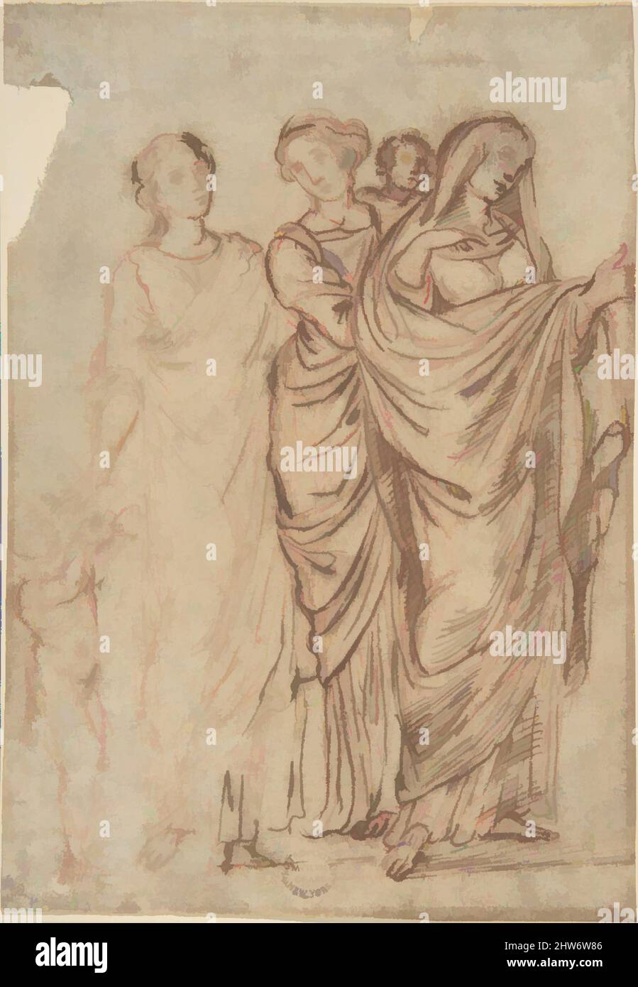 Arte ispirata dal Gruppo delle Donne, 18th secolo, penna e bistre, su gesso rosso, 7-1/4 x 5 pollici, disegni, Anonimo, italiano, 17th o 18th secolo, opere classiche modernizzate da Artotop con un tuffo di modernità. Forme, colore e valore, impatto visivo accattivante sulle emozioni artistiche attraverso la libertà delle opere d'arte in modo contemporaneo. Un messaggio senza tempo che persegue una nuova direzione selvaggiamente creativa. Artisti che si rivolgono al supporto digitale e creano l'NFT Artotop Foto Stock