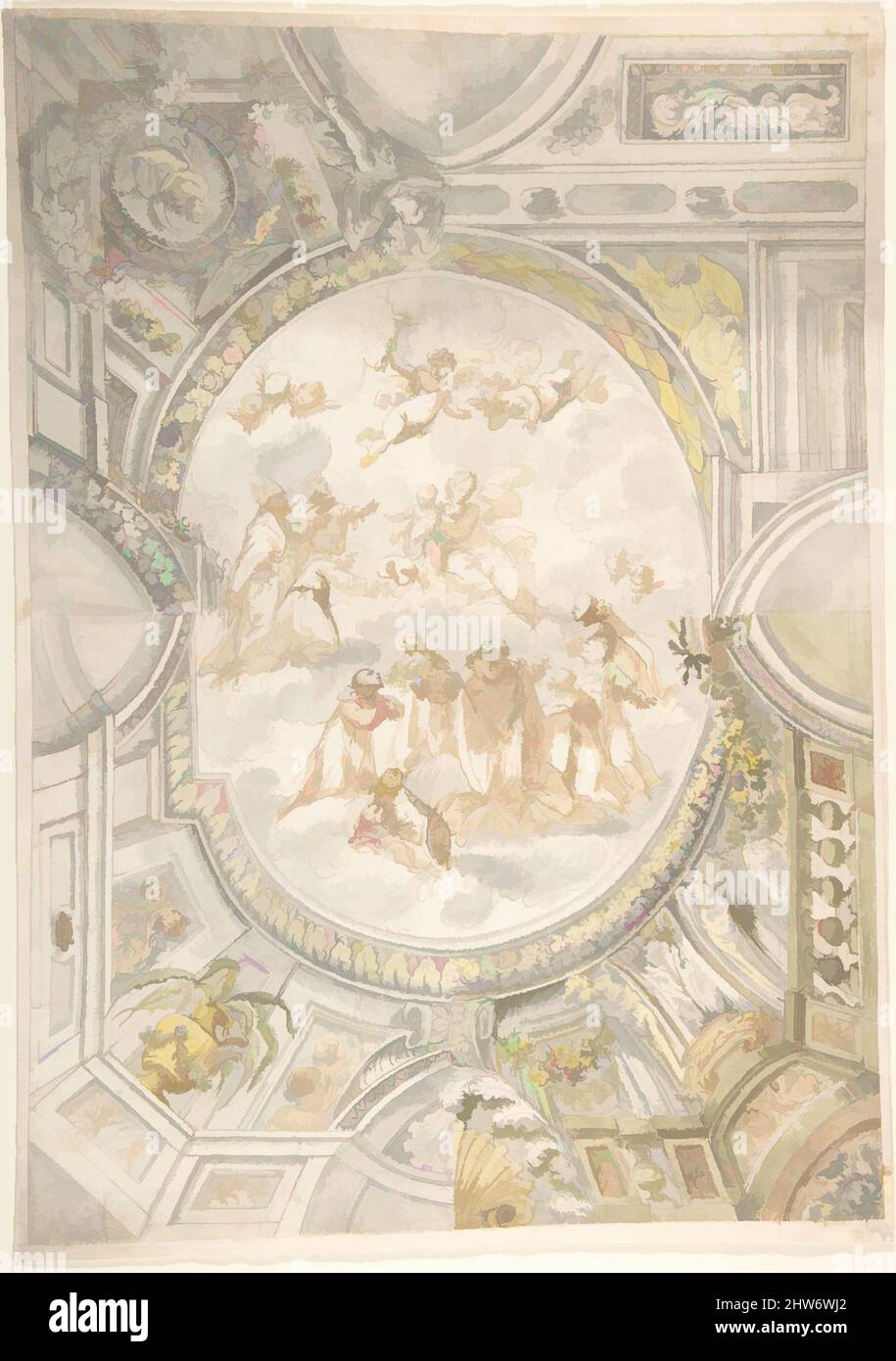 Arte ispirata da Design per un soffitto con Vergine e Bambino in Gloria, 18th secolo, penna e inchiostro giallo, grigio e marrone lavaggio, 15-9/16 x 10-1/4 in, Anonimo, italiano, 18th secolo, opere classiche modernizzate da Artotop con un tuffo di modernità. Forme, colore e valore, impatto visivo accattivante sulle emozioni artistiche attraverso la libertà delle opere d'arte in modo contemporaneo. Un messaggio senza tempo che persegue una nuova direzione selvaggiamente creativa. Artisti che si rivolgono al supporto digitale e creano l'NFT Artotop Foto Stock