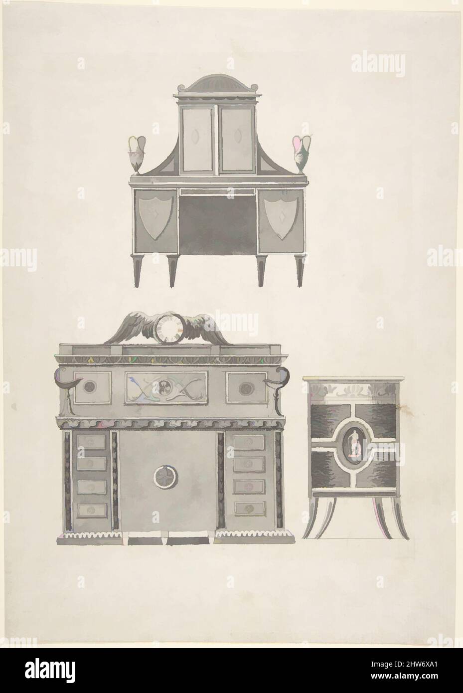 Arte ispirata da disegni per mobili in una variante dello stile di Thomas Sheraton, un breakfront, una credenza, e un armadio basso, 1810–20, inchiostro grigio e lavaggio, foglio: 10 15/16 x 7 3/4 pollici. (27,8 x 19,7 cm), disegni, Anonymous, opere classiche modernizzate da Artotop con un tuffo di modernità. Forme, colore e valore, impatto visivo accattivante sulle emozioni artistiche attraverso la libertà delle opere d'arte in modo contemporaneo. Un messaggio senza tempo che persegue una nuova direzione selvaggiamente creativa. Artisti che si rivolgono al supporto digitale e creano l'NFT Artotop Foto Stock