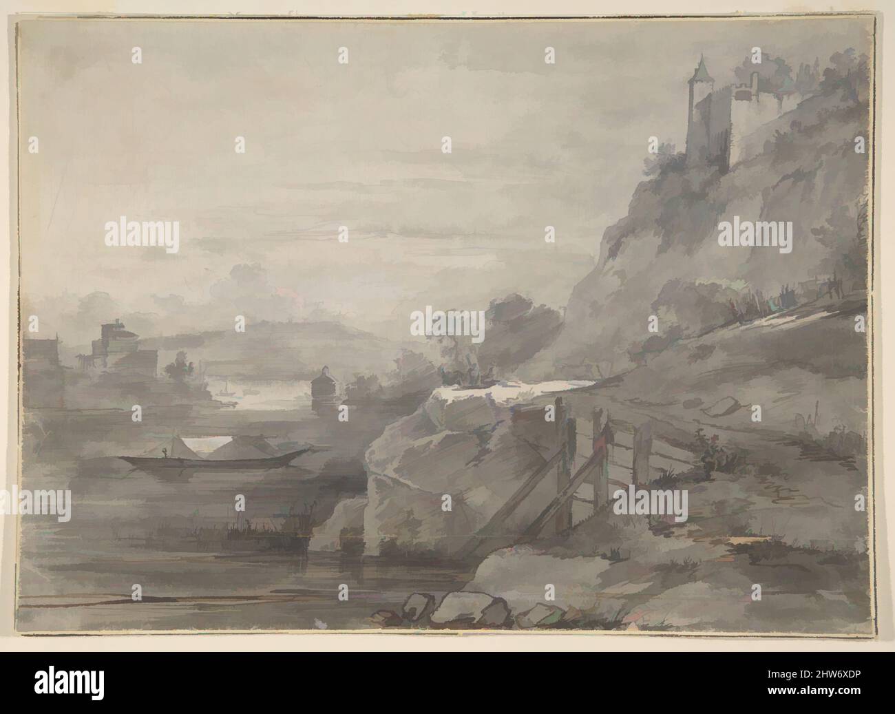 Art Inspired by River Landscape, 1800–1900, penna e inchiostro nero e marrone, grigio lavaggio, 7-3/8 x 10-1/8 in, disegni, Anonimo, italiano, 19th secolo, Opere classiche modernizzate da Artotop con un tocco di modernità. Forme, colore e valore, impatto visivo accattivante sulle emozioni artistiche attraverso la libertà delle opere d'arte in modo contemporaneo. Un messaggio senza tempo che persegue una nuova direzione selvaggiamente creativa. Artisti che si rivolgono al supporto digitale e creano l'NFT Artotop Foto Stock