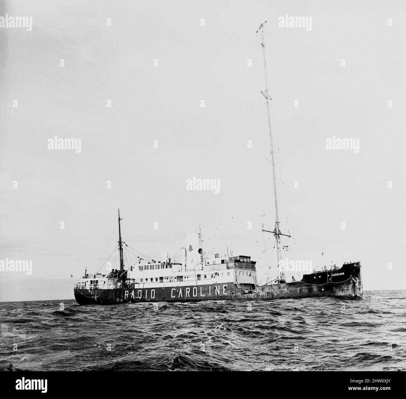 Radio Caroline pirata nave radio al largo della costa di Ramsey sull'isola di Man. 15 agosto 1967, Foto Stock