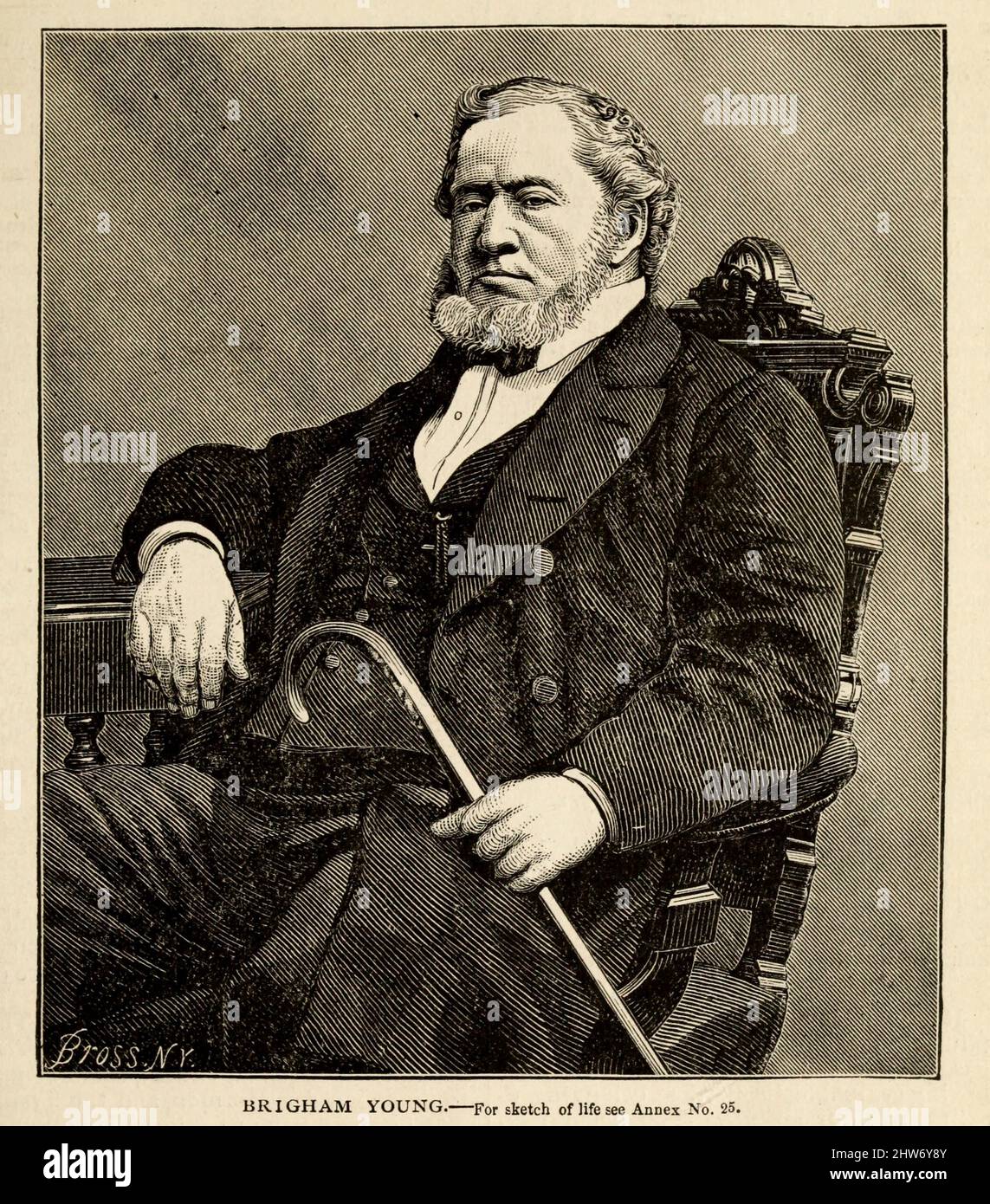 BRIGHAM Young (1 giugno 1801 – 29 agosto 1877) è stato un . Fu il secondo presidente della Chiesa di Gesù Cristo dei Santi degli ultimi giorni (Chiesa LDS) dal 1847 fino alla sua morte nel 1877. Durante il suo periodo di presidenza della chiesa, Young guidò i suoi seguaci, i pionieri mormoni, ad ovest da Nauvoo, Illinois, alla Salt Lake Valley. Fondò Salt Lake City e fu il primo governatore del territorio dello Utah. Young lavorò anche per creare le istituzioni di apprendimento che in seguito sarebbero diventate l'Università dello Utah e la Brigham Young University. Foto Stock