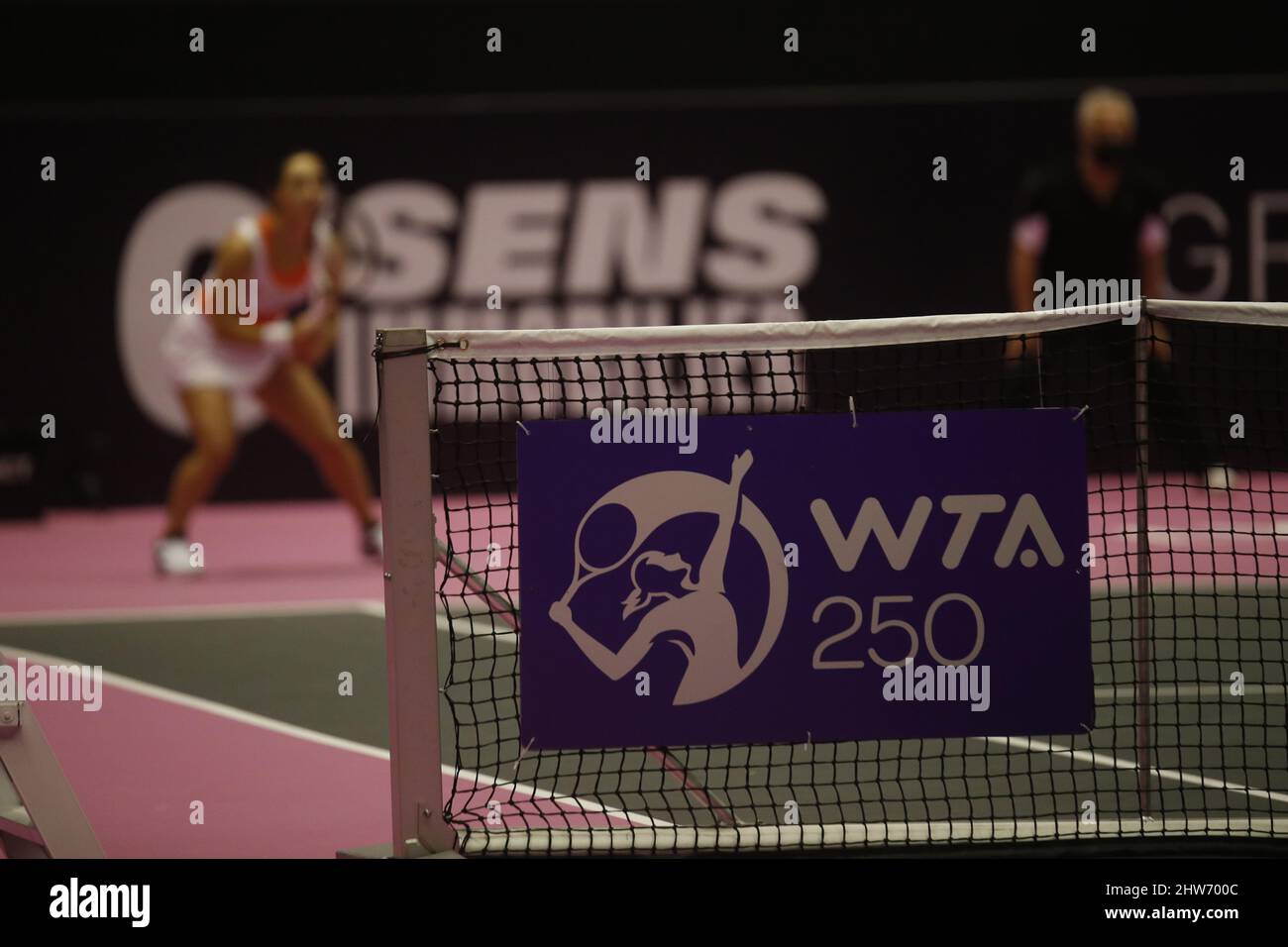 Illustrazione logo WTA 250 durante l'Open 6eme Sens, Metropole de Lyon 2022, WTA 250 torneo di tennis il 3 marzo 2022 al Palais des Sports de Gerland di Lione, Francia - Foto: Romain Biard/DPPI/LiveMedia Foto Stock