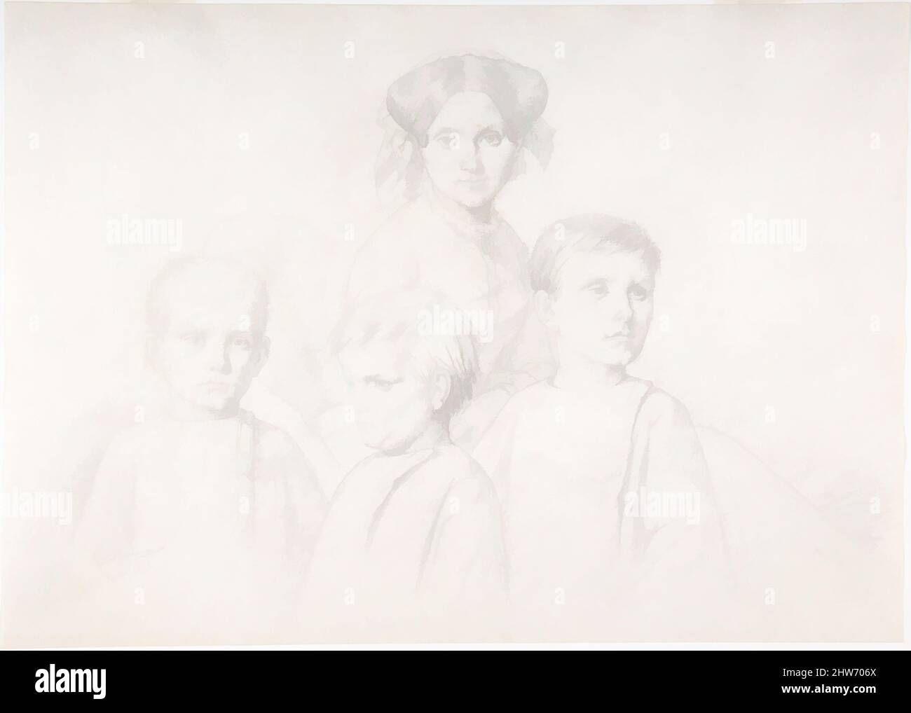 Arte ispirata da Ritratto di Donna e tre Bambini, 1852, grafite su carta di Wove, foglio: 9 x 12 3/4 pollici (22,9 x 32,4 cm), disegni, Gustave Boulanger (francese, Parigi 1824–1888 Parigi, opere classiche modernizzate da Artotop con un tocco di modernità. Forme, colore e valore, impatto visivo accattivante sulle emozioni artistiche attraverso la libertà delle opere d'arte in modo contemporaneo. Un messaggio senza tempo che persegue una nuova direzione selvaggiamente creativa. Artisti che si rivolgono al supporto digitale e creano l'NFT Artotop Foto Stock