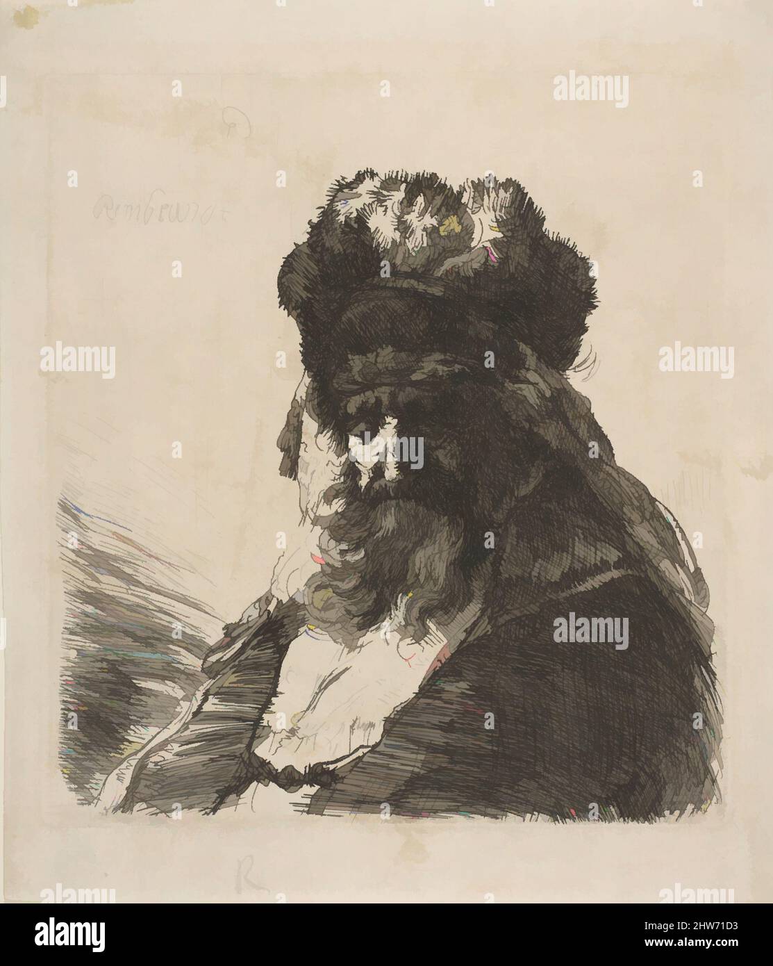 Arte ispirata all'Old Bearded Man in High Fur Cap, con occhi chiusi, ca. 1635, Etching, Prints, Rembrandt (Rembrandt van Rijn) (olandese, Leiden 1606–1669 Amsterdam, opere classiche modernizzate da Artotop con un tocco di modernità. Forme, colore e valore, impatto visivo accattivante sulle emozioni artistiche attraverso la libertà delle opere d'arte in modo contemporaneo. Un messaggio senza tempo che persegue una nuova direzione selvaggiamente creativa. Artisti che si rivolgono al supporto digitale e creano l'NFT Artotop Foto Stock