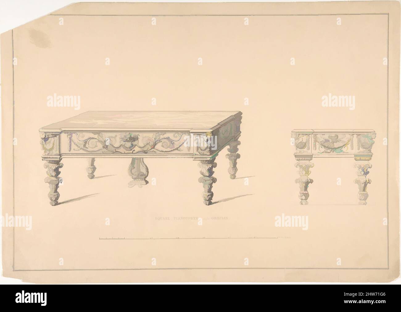 Arte ispirata dal Design per Pianoforte quadrato, stile Greco, 1835–1900, inchiostro, grafite, Acquerello, Robert William Hume (britannico, Londra 1816–1904 Long Island City, opere classiche modernizzate da Artotop con un tuffo di modernità. Forme, colore e valore, impatto visivo accattivante sulle emozioni artistiche attraverso la libertà delle opere d'arte in modo contemporaneo. Un messaggio senza tempo che persegue una nuova direzione selvaggiamente creativa. Artisti che si rivolgono al supporto digitale e creano l'NFT Artotop Foto Stock