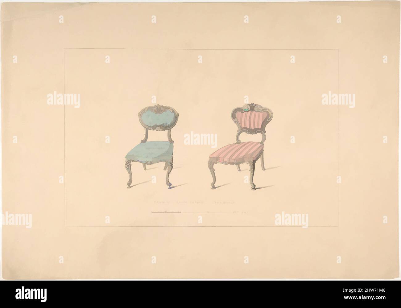 Arte ispirata dal design per sedie da salotto, stile Louis Quinze, 1835–1900, inchiostro, acquerello, Robert William Hume (British, Londra 1816–1904 Long Island City, opere classiche modernizzate da Artotop con un tocco di modernità. Forme, colore e valore, impatto visivo accattivante sulle emozioni artistiche attraverso la libertà delle opere d'arte in modo contemporaneo. Un messaggio senza tempo che persegue una nuova direzione selvaggiamente creativa. Artisti che si rivolgono al supporto digitale e creano l'NFT Artotop Foto Stock