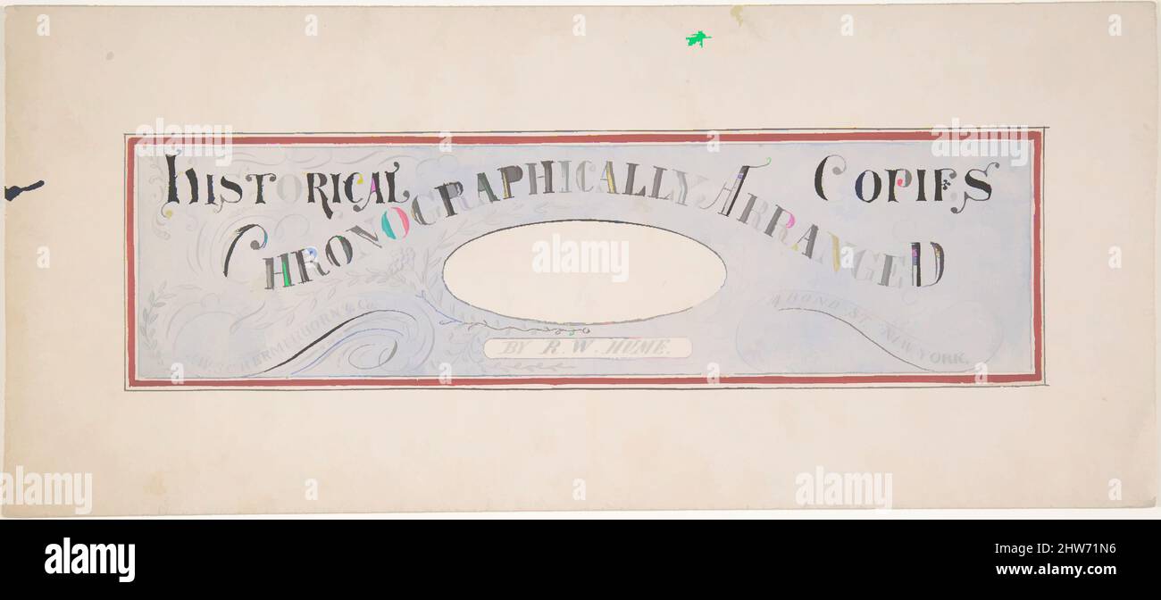 Arte ispirata da Design per una pubblicazione commerciale intitolata: 'Copie storiche arrangiate cronograficamente', di R. W. Hume; J. W. Schermerhorn & Co., 14 Bond Street, N. Y., seconda metà del 19th secolo, inchiostro, acquerello, progettato da Robert William Hume (britannico, Londra 1816–1904 Long Island City, opere classiche modernizzate da Artotop con un tuffo di modernità. Forme, colore e valore, impatto visivo accattivante sulle emozioni artistiche attraverso la libertà delle opere d'arte in modo contemporaneo. Un messaggio senza tempo che persegue una nuova direzione selvaggiamente creativa. Artisti che si rivolgono al supporto digitale e creano l'NFT Artotop Foto Stock
