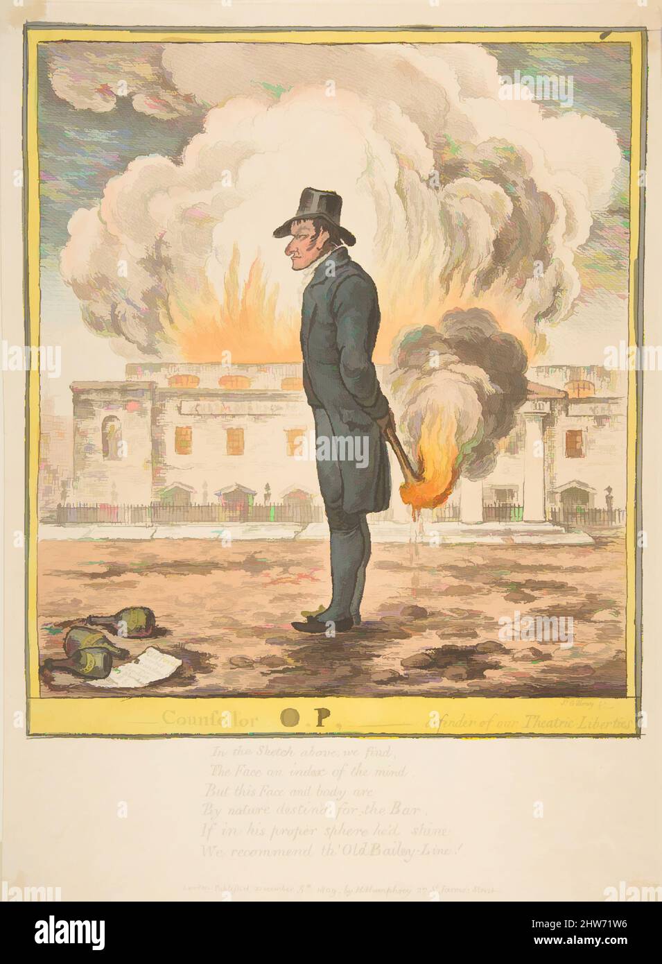Art Inspired by Counselor O.P.–Defender of Our Theatric Liberties, 5 dicembre 1809, Hand-colored Etching, plate: 13 7/8 x 13/16 in. (35,2 x 2,1 cm), Prints, James Gillray (British, Chelsea 1756–1815 Londra, opere classiche modernizzate da Artotop con un tuffo di modernità. Forme, colore e valore, impatto visivo accattivante sulle emozioni artistiche attraverso la libertà delle opere d'arte in modo contemporaneo. Un messaggio senza tempo che persegue una nuova direzione selvaggiamente creativa. Artisti che si rivolgono al supporto digitale e creano l'NFT Artotop Foto Stock