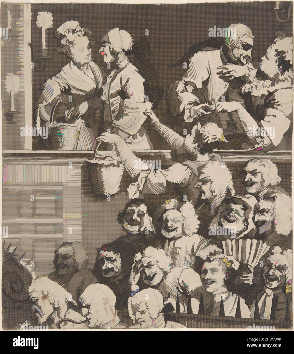 Art Inspired by the Laughing Audience, December 1733, Etching; quarto stato di quattro, foglio (tagliato all'interno della piastra): 6 7/8 x 6 1/8 poll. (17,4 x 15,5 cm), Prints, William Hogarth (Londra 1697–1764 Londra, opere classiche modernizzate da Artotop con un tuffo di modernità. Forme, colore e valore, impatto visivo accattivante sulle emozioni artistiche attraverso la libertà delle opere d'arte in modo contemporaneo. Un messaggio senza tempo che persegue una nuova direzione selvaggiamente creativa. Artisti che si rivolgono al supporto digitale e creano l'NFT Artotop Foto Stock
