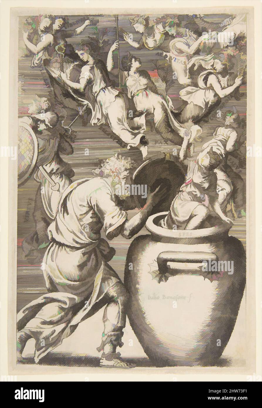 Art Inspired by Epimetheus Opening Pandora's box, 1531–76, incisione, piatto: 6 9/16 x 4 5/16 poll. (16,7 x 11 cm), Prints, Giulio Bonasone (italiano, Roma attiva e Bologna, 1531–dopo il 1576, opere classiche modernizzate da Artotop con un tuffo di modernità. Forme, colore e valore, impatto visivo accattivante sulle emozioni artistiche attraverso la libertà delle opere d'arte in modo contemporaneo. Un messaggio senza tempo che persegue una nuova direzione selvaggiamente creativa. Artisti che si rivolgono al supporto digitale e creano l'NFT Artotop Foto Stock