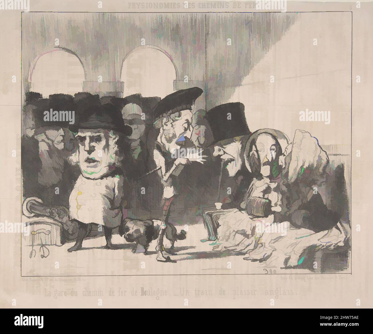 Arte ispirata alla stazione ferroviaria di Boulogne. Un treno per escursioni in inglese (la gare de chemin de fer de Boulogne. Un train de plaisir anglais), da Physionomies des Chemins de Fer (Physiognomies of the Railways), 24 marzo 1852, litografia, foglio: 9 15/16 x 13 15/16 in. (25,2 x 35,4 cm, opere classiche modernizzate da Artotop con un tuffo di modernità. Forme, colore e valore, impatto visivo accattivante sulle emozioni artistiche attraverso la libertà delle opere d'arte in modo contemporaneo. Un messaggio senza tempo che persegue una nuova direzione selvaggiamente creativa. Artisti che si rivolgono al supporto digitale e creano l'NFT Artotop Foto Stock