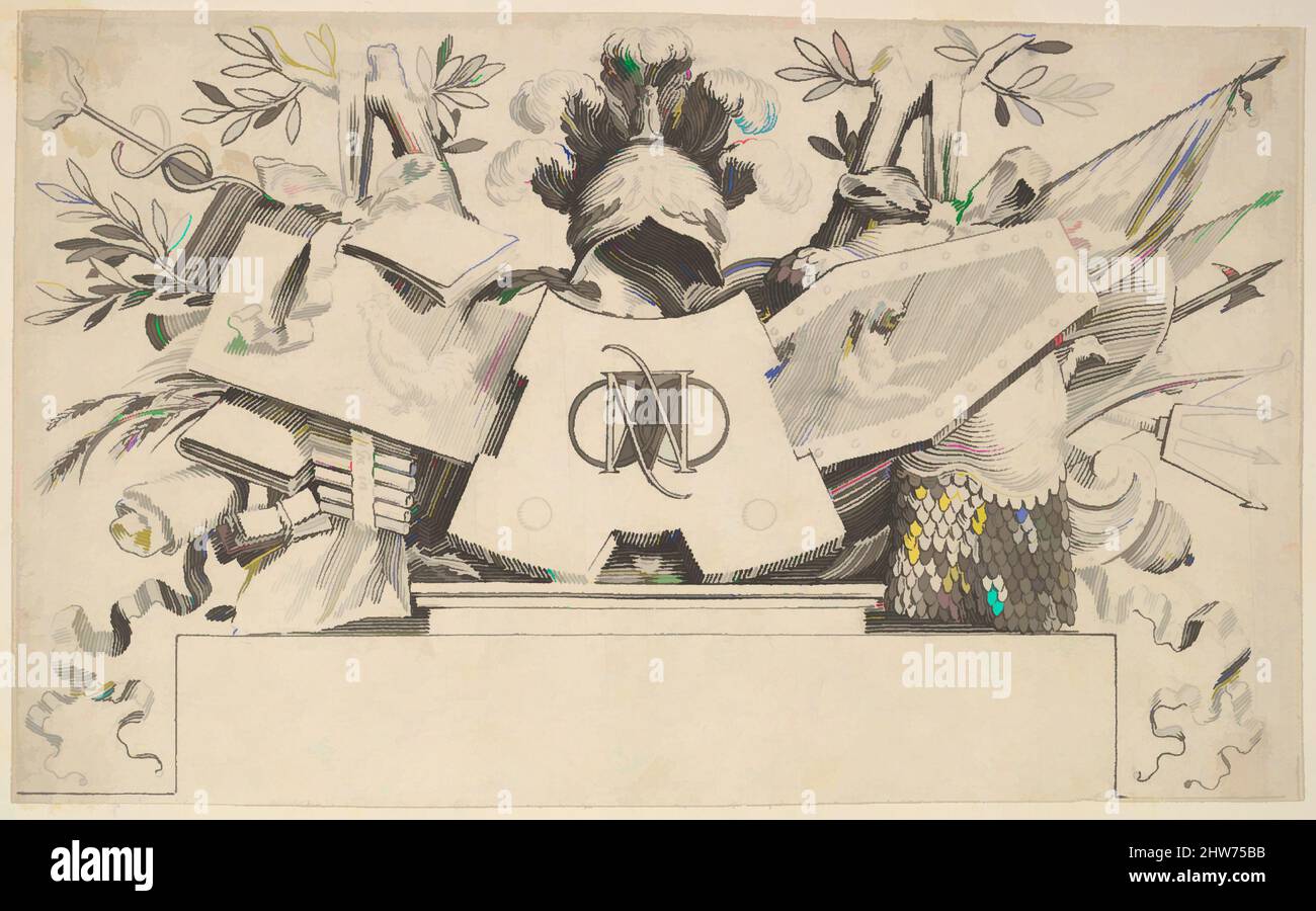 Arte ispirata dal Trofeo con Monogramma contenente le lettere DI LEONARDOS, 1651, incisione; prova senza testo, foglio: 4 3/16 x 6 7/8 pollici (10,7 x 17,5 cm), Prints, Claude Mellan (francese, Abbeville 1598–1688 Parigi, opere classiche modernizzate da Artotop con un tuffo di modernità. Forme, colore e valore, impatto visivo accattivante sulle emozioni artistiche attraverso la libertà delle opere d'arte in modo contemporaneo. Un messaggio senza tempo che persegue una nuova direzione selvaggiamente creativa. Artisti che si rivolgono al supporto digitale e creano l'NFT Artotop Foto Stock