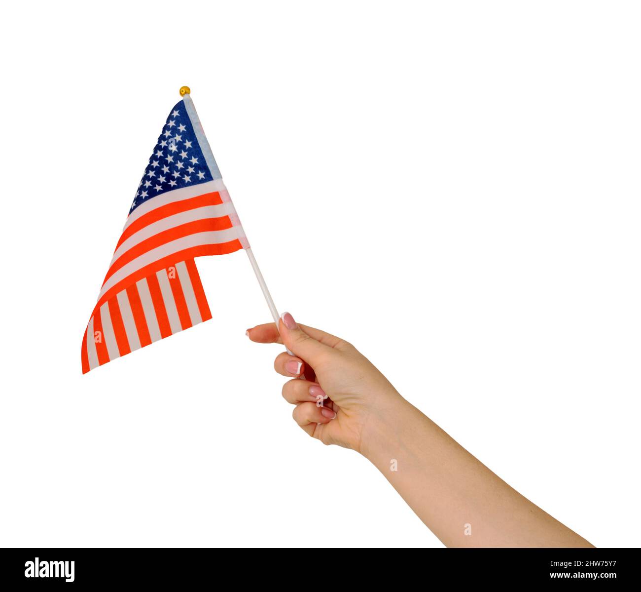 Mano femmina che tiene bandiera americana, isolata su sfondo bianco Foto Stock