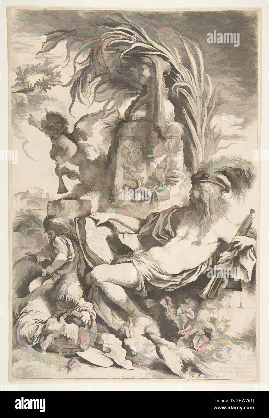 Arte ispirata al genio di Castiglione, ca. 1645–47 (pubblicato nel 1648), incisione, foglio: 17 13/16 x 14 3/4 pollici (45,2 x 37,5 cm), Prints, Giovanni Benedetto Castiglione (il Grechetto) (Genova 1609–1664 Mantova), nella più famosa incisione di Castiglione, una figura reclinata contiene un'opera classica modernizzata da Artotop con un tuffo di modernità. Forme, colore e valore, impatto visivo accattivante sulle emozioni artistiche attraverso la libertà delle opere d'arte in modo contemporaneo. Un messaggio senza tempo che persegue una nuova direzione selvaggiamente creativa. Artisti che si rivolgono al supporto digitale e creano l'NFT Artotop Foto Stock