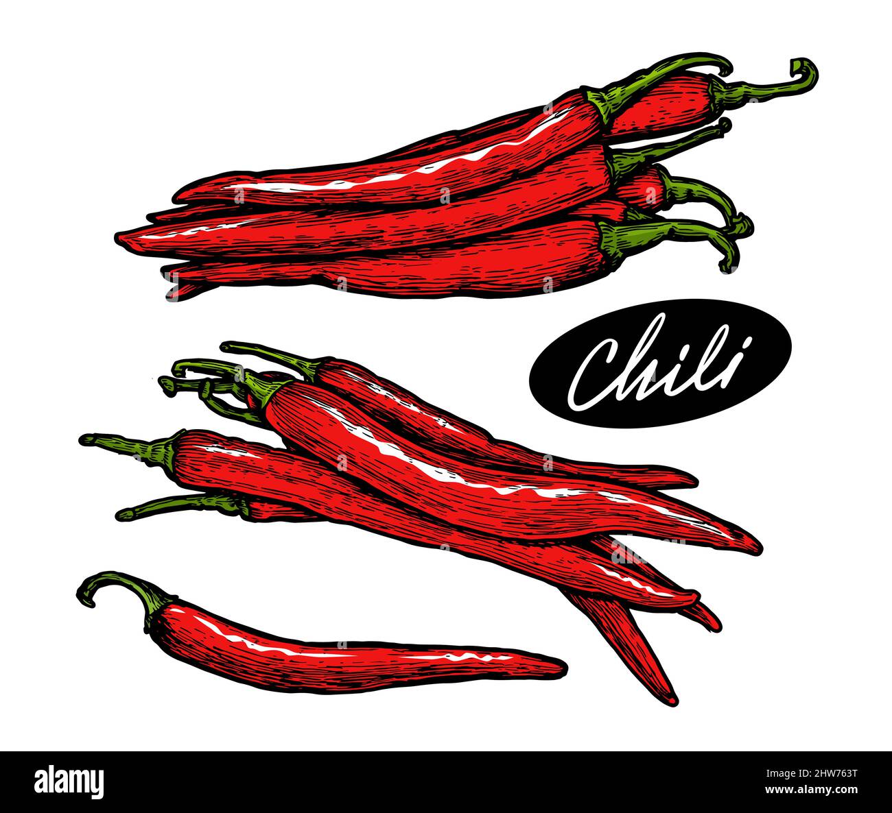 Peperoncini rossi con gambo verde. Illustrazione del vettore delle spezie alimentari Illustrazione Vettoriale