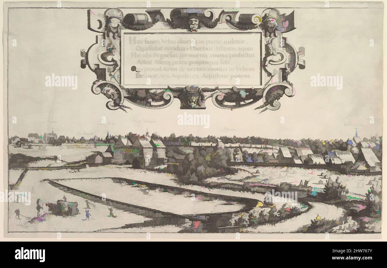Arte ispirata dalla vista di Norimberga, ad ovest; piastre sinistra, centrale e destra, 1552, incisione, foglio (a sinistra): 12 1/16 x 19 5/16" (30,7 x 49 cm), stampe, Hanns Lautensack (tedesco, Bamberga (?) circa 1520–1564/66 Vienna, opere classiche modernizzate da Artotop con un tocco di modernità. Forme, colore e valore, impatto visivo accattivante sulle emozioni artistiche attraverso la libertà delle opere d'arte in modo contemporaneo. Un messaggio senza tempo che persegue una nuova direzione selvaggiamente creativa. Artisti che si rivolgono al supporto digitale e creano l'NFT Artotop Foto Stock