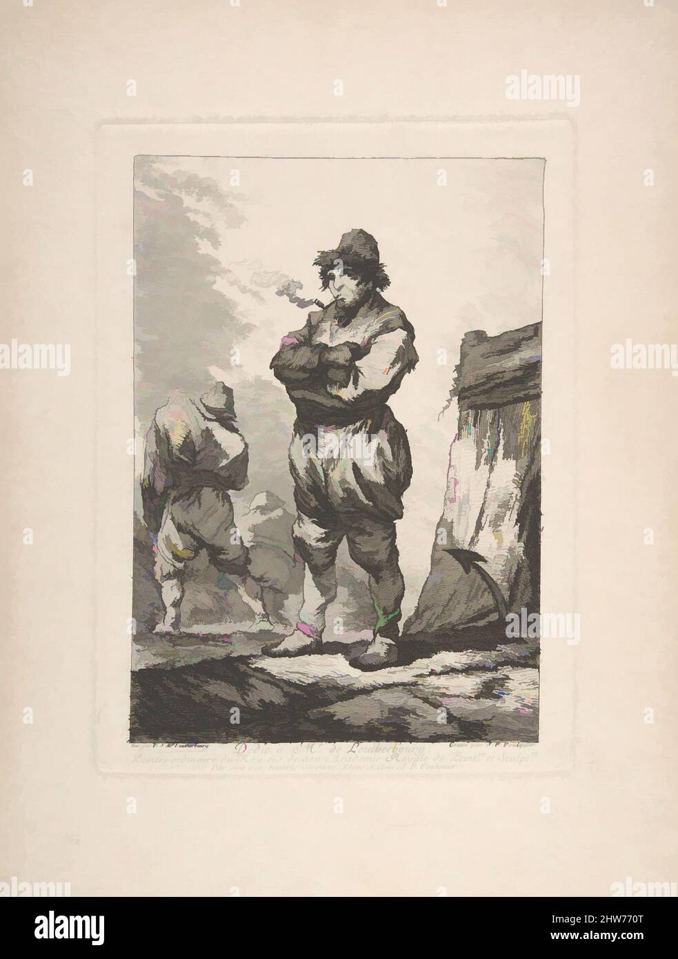 Arte ispirata da un Sailor Smoking con le sue braccia incrociate, 18th secolo, incisione, immagine: 7 1/16 x 4 15/16 pollici (18 x 12,5 cm), stampe, Joseph Franois Foulquier (francese, Tolosa 1744/45–1789 Martinica), dopo Philippe Jacques de Loutherbourg (francese, Strasburgo 1740–1812 Londra, opere classiche modernizzate da Artotop con un tuffo di modernità. Forme, colore e valore, impatto visivo accattivante sulle emozioni artistiche attraverso la libertà delle opere d'arte in modo contemporaneo. Un messaggio senza tempo che persegue una nuova direzione selvaggiamente creativa. Artisti che si rivolgono al supporto digitale e creano l'NFT Artotop Foto Stock