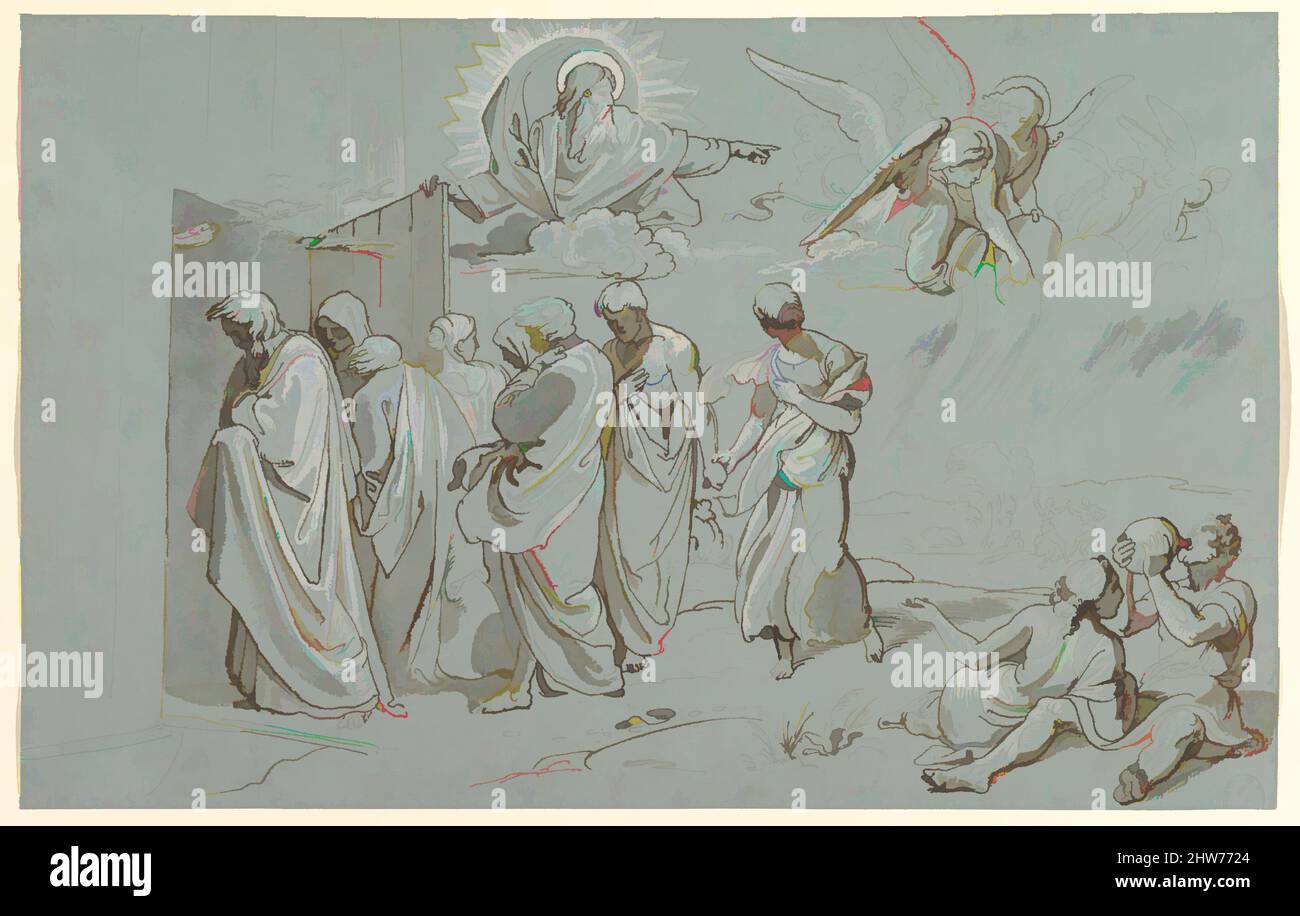 L'arte ispirata da Dio chiama Noè e la sua Famiglia nell'Arca, 1827 (?), penna e inchiostro marrone, intensificato di gouache bianche, su carta blu, foglio: 9 5/16 x 14 5/8 pollici. (23,6 x 37,2 cm), disegni, Joseph von Führich (Austriaco, Kratzau 1800–1876 Vienna, opere classiche modernizzate da Artotop con un tocco di modernità. Forme, colore e valore, impatto visivo accattivante sulle emozioni artistiche attraverso la libertà delle opere d'arte in modo contemporaneo. Un messaggio senza tempo che persegue una nuova direzione selvaggiamente creativa. Artisti che si rivolgono al supporto digitale e creano l'NFT Artotop Foto Stock