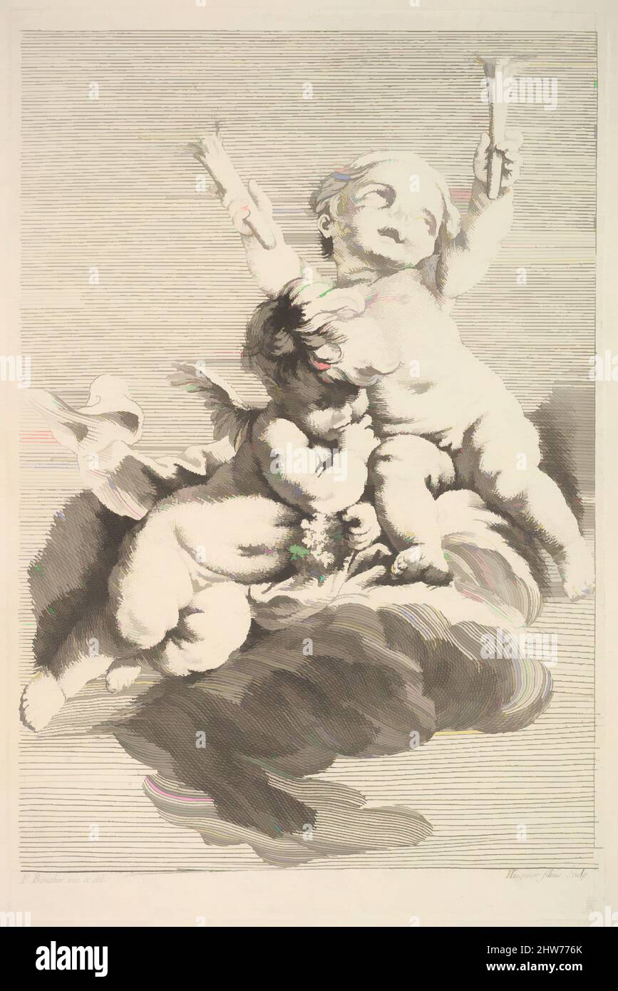 Arte ispirata da due Cupidi, una torcia Holding, metà a fine 18th secolo, incisione e incisione, foglio: 17 13/16 x 11 15/16 pollici. (45,3 x 30,3 cm), Prints, Jacques Gabriel Huquier (francese, Parigi 1730–1805 Shrewsbury), dopo Francois Boucher (francese, Parigi 1703–1770 Parigi, opere classiche modernizzate da Artotop con un tuffo di modernità. Forme, colore e valore, impatto visivo accattivante sulle emozioni artistiche attraverso la libertà delle opere d'arte in modo contemporaneo. Un messaggio senza tempo che persegue una nuova direzione selvaggiamente creativa. Artisti che si rivolgono al supporto digitale e creano l'NFT Artotop Foto Stock