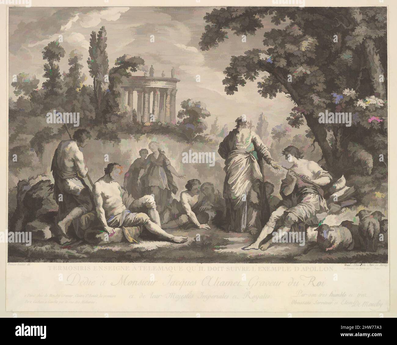 Arte ispirata da Termosiris insegnamento Telemachus per seguire l'esempio di Apollo, incisione e incisione, foglio: 7 3/8 x 9 3/16 pollici. (18,7 x 23,3 cm), stampe, incise da Pietro Antonio Martini (italiano, Trescali 1738–1797 Parma), incise da Jean-Baptiste Patas (francese, Parigi 1744?–?1802, opere classiche modernizzate da Artotop con un tuffo di modernità. Forme, colore e valore, impatto visivo accattivante sulle emozioni artistiche attraverso la libertà delle opere d'arte in modo contemporaneo. Un messaggio senza tempo che persegue una nuova direzione selvaggiamente creativa. Artisti che si rivolgono al supporto digitale e creano l'NFT Artotop Foto Stock