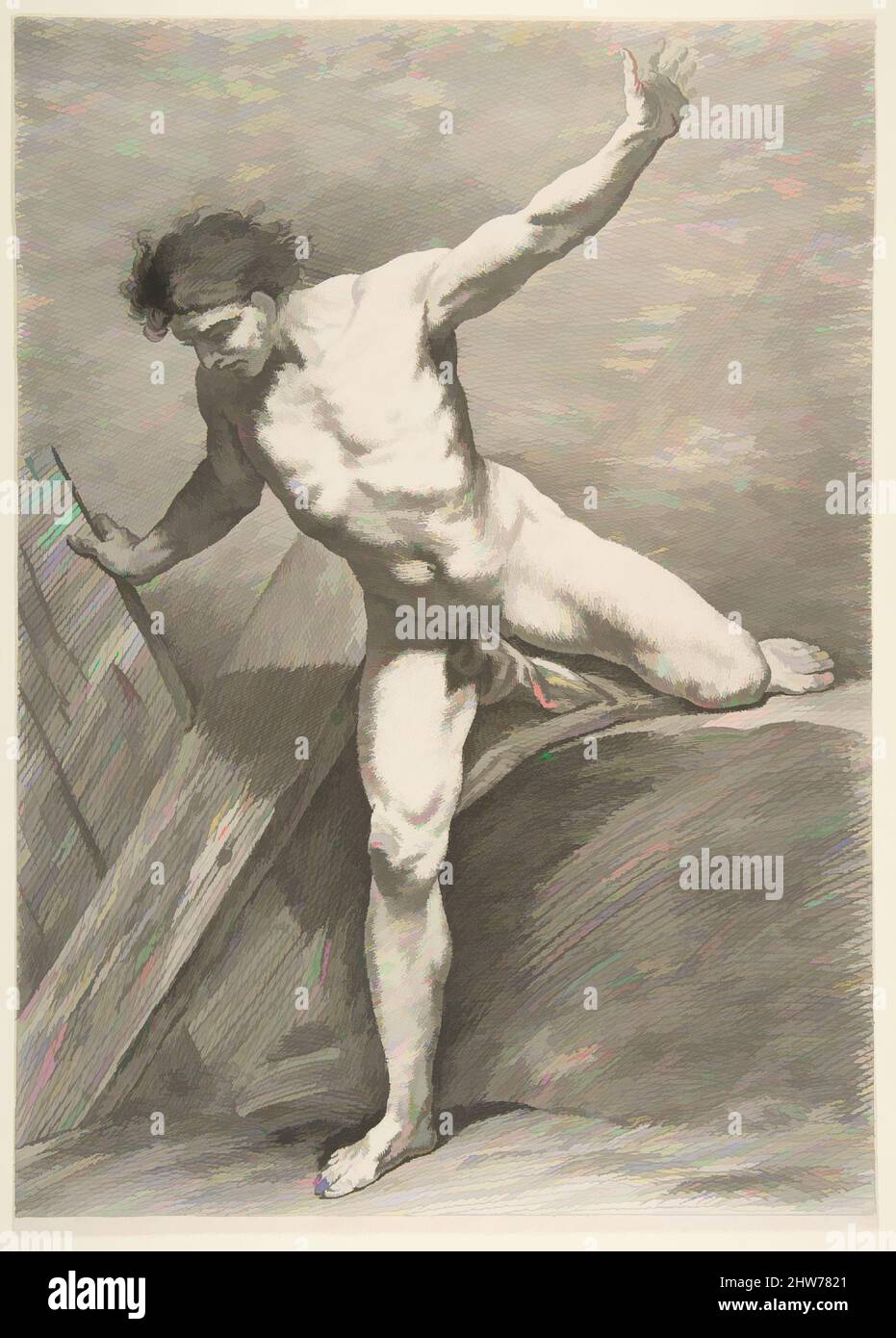 Arte ispirata da un 'Académie': Striding Man Leaning on a Plank, 1742–43, Etching, foglio: 15 3/16 x 10 13/16 poll. (38,6 x 27,5 cm), Prints, Carle (Charles André) Vanloo (francese, Nizza 1705–1765 Parigi, opere classiche modernizzate da Artotop con un tuffo di modernità. Forme, colore e valore, impatto visivo accattivante sulle emozioni artistiche attraverso la libertà delle opere d'arte in modo contemporaneo. Un messaggio senza tempo che persegue una nuova direzione selvaggiamente creativa. Artisti che si rivolgono al supporto digitale e creano l'NFT Artotop Foto Stock