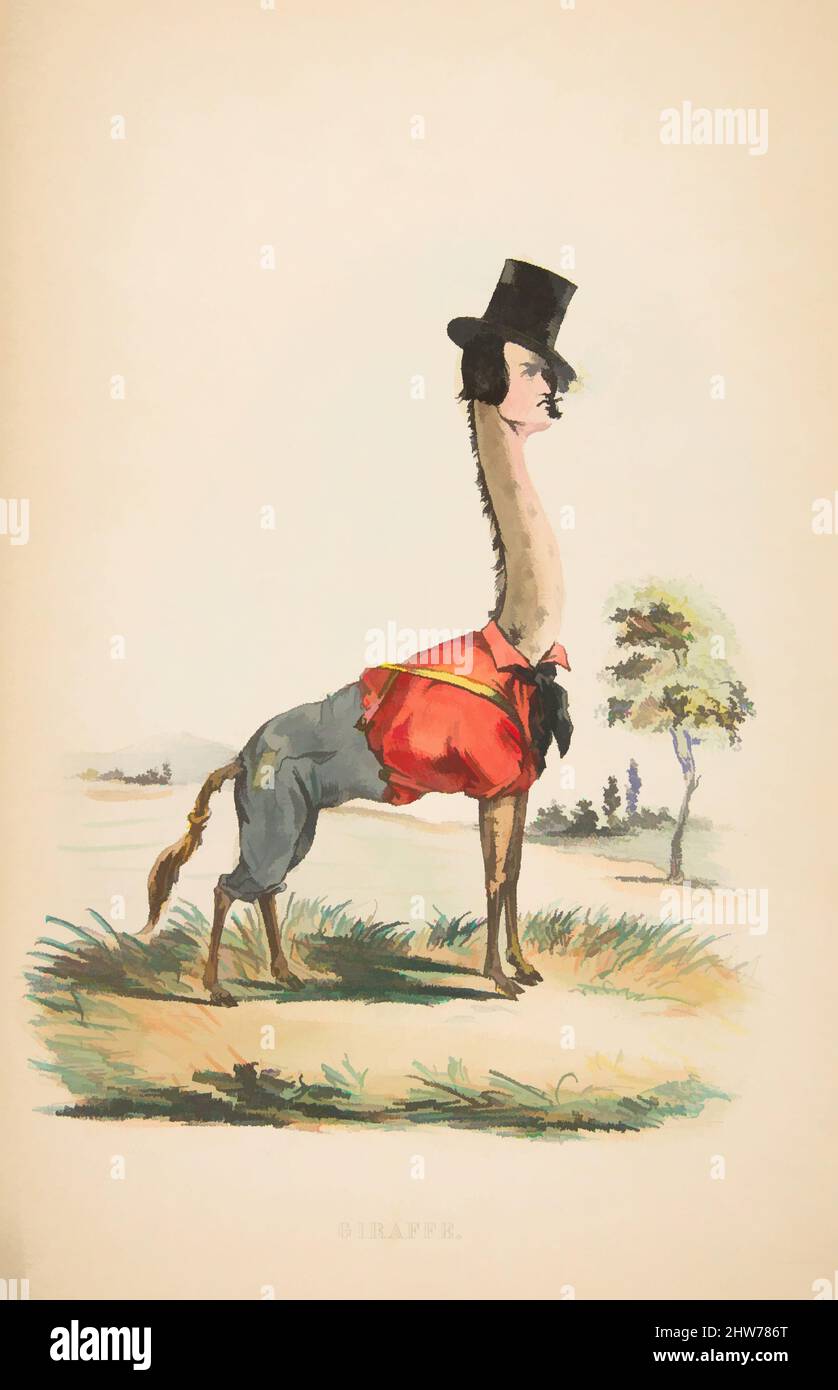 Art Inspired by Giraffe (John E. Owens as Jakey), from the Comic Natural History of the Human Race, 1851, Colour lithography with watercolor and gum, sheet: 11 1/16 x 7 3/16 in. (28,1 x 18,2 cm), Prints, Henry Louis Stephens (American, Philadelphia, Pennsylvania 1824–1882 Bayonne, New, opere classiche modernizzate da Artotop con un tuffo di modernità. Forme, colore e valore, impatto visivo accattivante sulle emozioni artistiche attraverso la libertà delle opere d'arte in modo contemporaneo. Un messaggio senza tempo che persegue una nuova direzione selvaggiamente creativa. Artisti che si rivolgono al supporto digitale e creano l'NFT Artotop Foto Stock