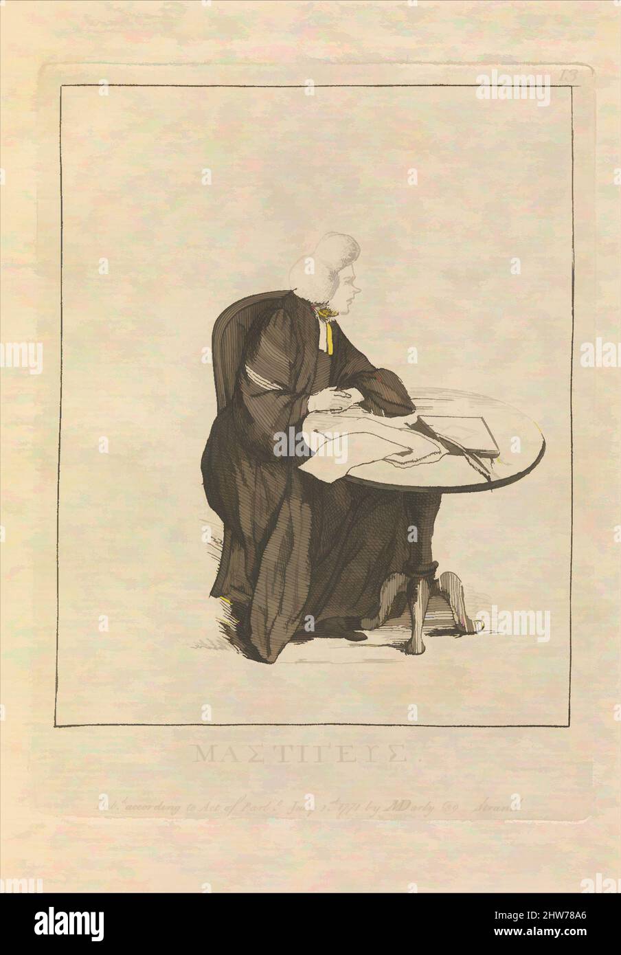 Arte ispirata da Mastigeus in lettere greche, 1 luglio 1771, incisione, piatto: 5 7/8 x 4 5/16 pollici (14,9 x 10,9 cm), stampe, attribuite a Sir Henry William Bunbury (British, Mildenhall, Suffolk 1750–1811 Keswick, Cumberland, opere classiche modernizzate da Artotop con un tuffo di modernità. Forme, colore e valore, impatto visivo accattivante sulle emozioni artistiche attraverso la libertà delle opere d'arte in modo contemporaneo. Un messaggio senza tempo che persegue una nuova direzione selvaggiamente creativa. Artisti che si rivolgono al supporto digitale e creano l'NFT Artotop Foto Stock