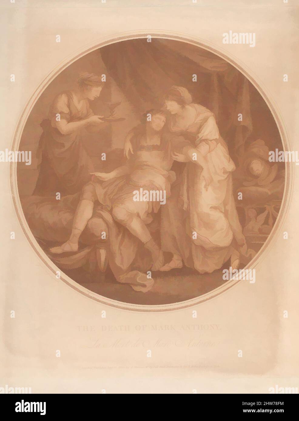 Arte ispirata dalla morte di Mark Anthony – le Mort de Marc Antoine (Shakespeare, Antony e Cleopatra, atto 4, scena 15), gennaio 15, 1805, incisione a stiletto, stampato con inchiostro rosso-marrone, immagine (rotonda): 11 x 11 pollici (27,9 x 27,9 cm), stampe, dopo Angelica Kauffmann (Svizzero, Coira 1741–, opere classiche modernizzate da Artotop con un tuffo di modernità. Forme, colore e valore, impatto visivo accattivante sulle emozioni artistiche attraverso la libertà delle opere d'arte in modo contemporaneo. Un messaggio senza tempo che persegue una nuova direzione selvaggiamente creativa. Artisti che si rivolgono al supporto digitale e creano l'NFT Artotop Foto Stock