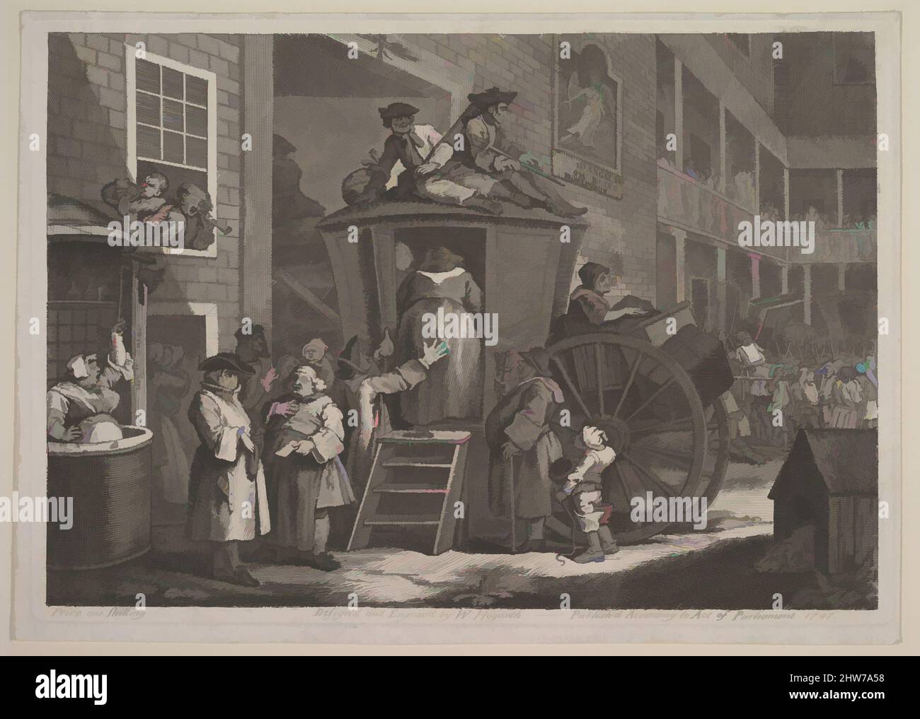 Arte ispirata da The Stage Coach, o Country Inn Yard, giugno 1747, incisione e incisione; terzo (?) stato di quattro, piastra: 8 1/2 x 12 1/8 poll. (21,6 x 30,8 cm), Prints, William Hogarth (Londra 1697–1764 Londra, opere classiche modernizzate da Artotop con un tuffo di modernità. Forme, colore e valore, impatto visivo accattivante sulle emozioni artistiche attraverso la libertà delle opere d'arte in modo contemporaneo. Un messaggio senza tempo che persegue una nuova direzione selvaggiamente creativa. Artisti che si rivolgono al supporto digitale e creano l'NFT Artotop Foto Stock