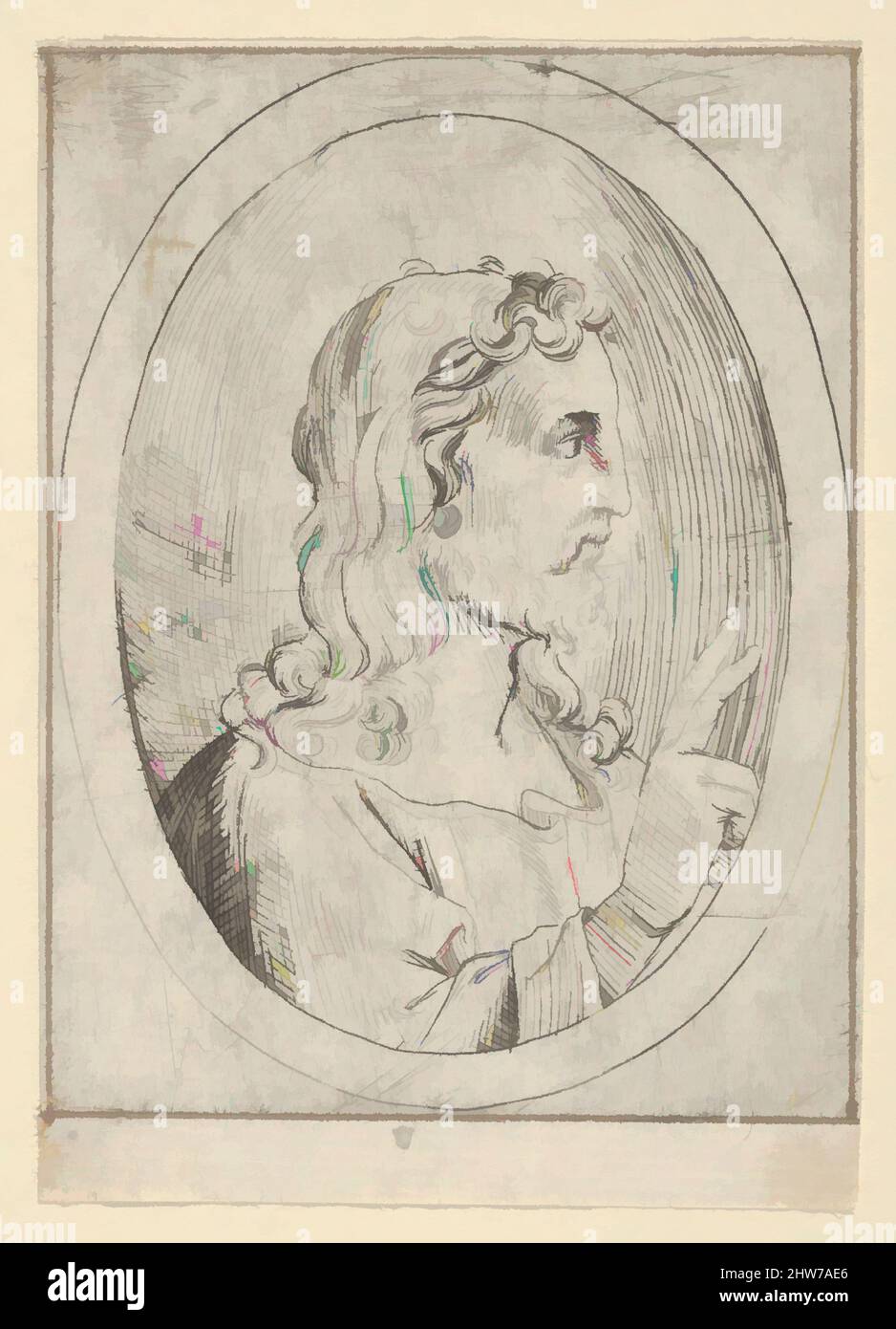 Arte ispirata a Cristo, vista di profilo rivolta a destra, che fa il segno della benedizione con la mano destra, in una cornice ovale, da Cristo, la Vergine e tredici Apostoli, 1600–1640, Incisione, foglio: 4 1/8 x 2 15/16 pollici (10,5 x 7,5 cm), stampe, Anonimo, 17th secolo, dopo Guido reni (, opere classiche modernizzate da Artotop con un tuffo di modernità. Forme, colore e valore, impatto visivo accattivante sulle emozioni artistiche attraverso la libertà delle opere d'arte in modo contemporaneo. Un messaggio senza tempo che persegue una nuova direzione selvaggiamente creativa. Artisti che si rivolgono al supporto digitale e creano l'NFT Artotop Foto Stock