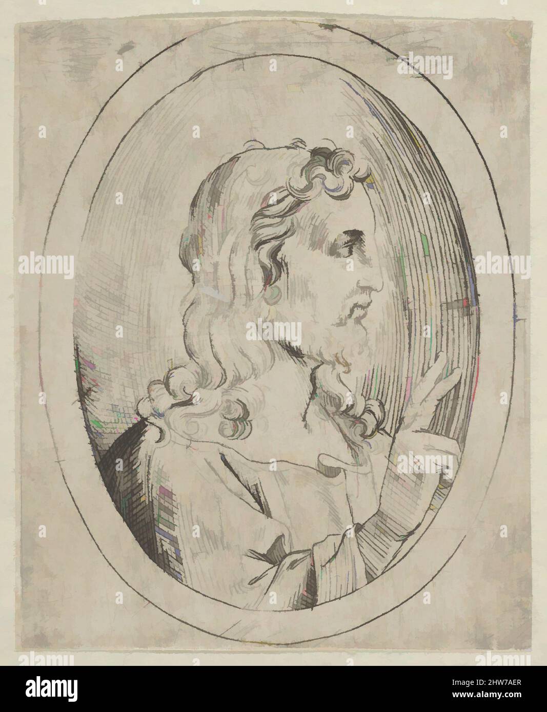 Arte ispirata a Cristo, vista di profilo rivolta a destra, che fa il segno della benedizione con la mano destra, in una cornice ovale, da Cristo, la Vergine e tredici Apostoli, 1600–1640, Incisione, foglio: 3 3/4 x 3 1/16 pollici (9,5 x 7,8 cm), stampe, Anonimo, 17th secolo, dopo Guido reni (, opere classiche modernizzate da Artotop con un tuffo di modernità. Forme, colore e valore, impatto visivo accattivante sulle emozioni artistiche attraverso la libertà delle opere d'arte in modo contemporaneo. Un messaggio senza tempo che persegue una nuova direzione selvaggiamente creativa. Artisti che si rivolgono al supporto digitale e creano l'NFT Artotop Foto Stock