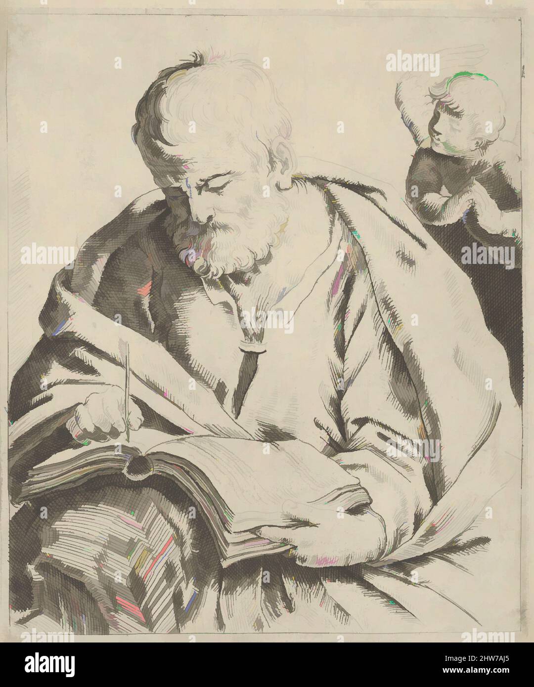 Arte ispirata dal Vecchio seduto e scrivere in un libro, un angelo a destra guardando sopra la sua spalla, dopo reni (?), 17th secolo, incisione, foglio (rifinito): 7 11/16 x 6 1/2 pollici. (19,6 x 16,5 cm), stampe, anonime, dopo (?) Guido reni (Bologna 1575–1642 Bologna, opere classiche modernizzate da Artotop con un tocco di modernità. Forme, colore e valore, impatto visivo accattivante sulle emozioni artistiche attraverso la libertà delle opere d'arte in modo contemporaneo. Un messaggio senza tempo che persegue una nuova direzione selvaggiamente creativa. Artisti che si rivolgono al supporto digitale e creano l'NFT Artotop Foto Stock
