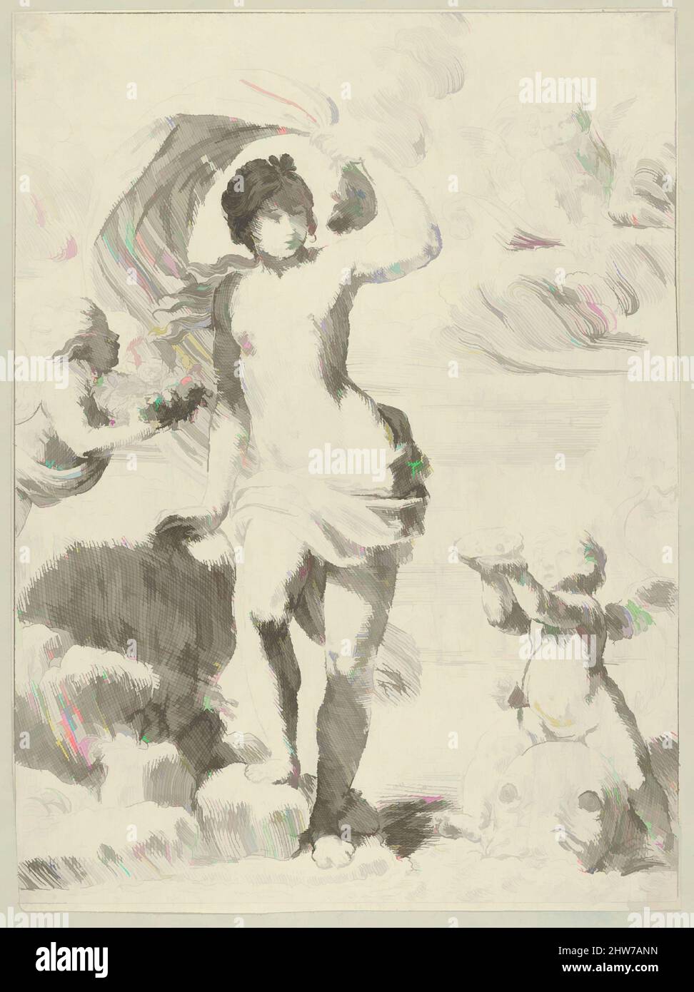 Arte ispirata da Venere che esce dal mare, tenendo un drappeggio billowing nella sua mano sinistra, Cupido a destra che offre perle mentre si guida un delfino e un putto a sinistra che offre fiori, un altro nelle nuvole, ca. 1600–1640, incisione, foglio (tagliato): 8 11/16 x 6 7/16 poll. (22,1 x 16,4 cm, opere classiche modernizzate da Artotop con un tuffo di modernità. Forme, colore e valore, impatto visivo accattivante sulle emozioni artistiche attraverso la libertà delle opere d'arte in modo contemporaneo. Un messaggio senza tempo che persegue una nuova direzione selvaggiamente creativa. Artisti che si rivolgono al supporto digitale e creano l'NFT Artotop Foto Stock