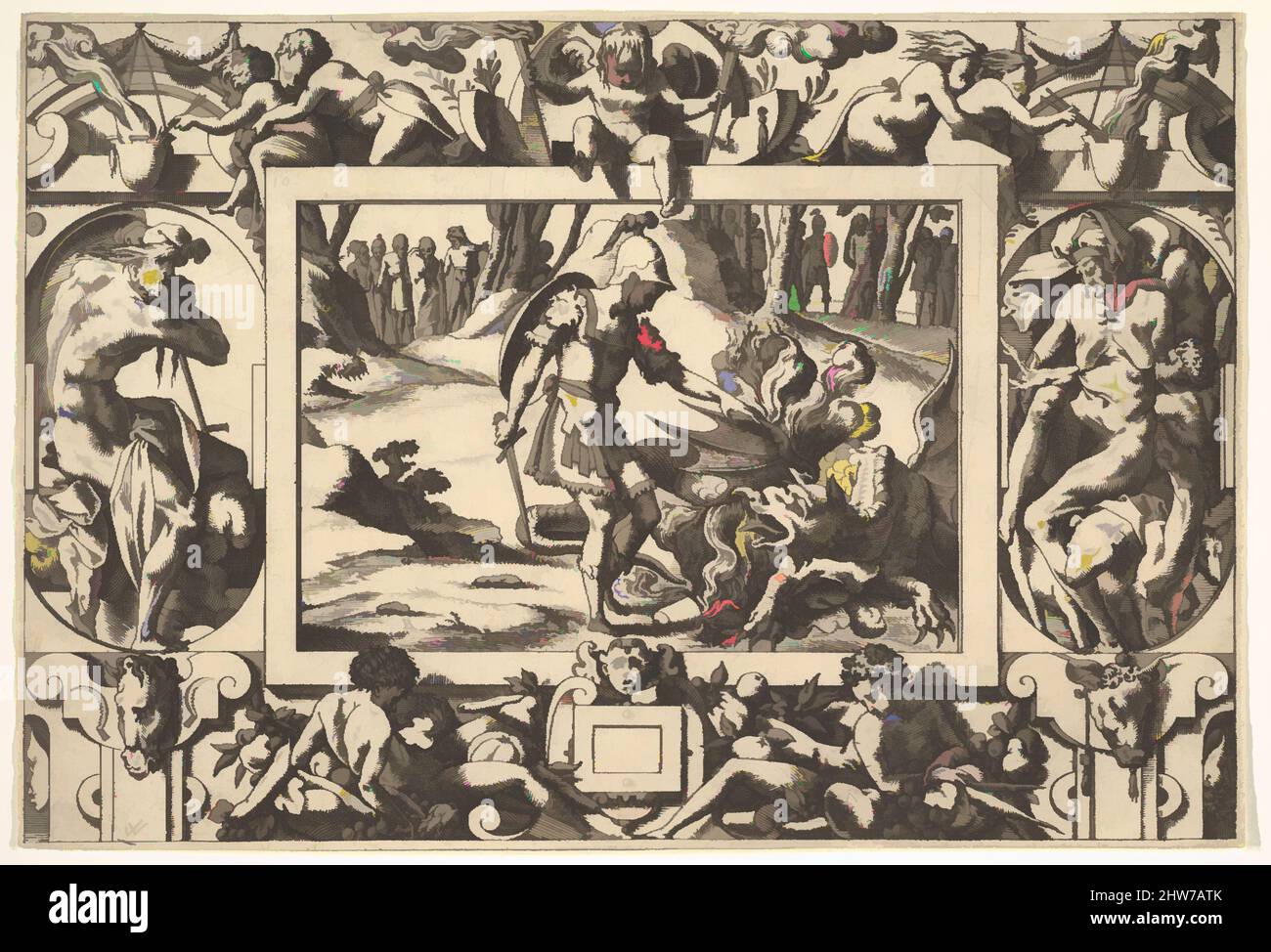 Arte ispirata da Jason di fronte al drago che custodisce il vello d'oro, da: Histoire de Jason et de la conquête de la toison d'Or, 1563, incisione, piatto: 6 1/8 x 9 pollici. (15,5 x 22,8 cm), René Boyvin (francese, Angers ca. 1525–ca. 1625 Angers (?)), dopo Leonard Thiry (francese, morto, opere classiche modernizzate da Artotop con un tuffo di modernità. Forme, colore e valore, impatto visivo accattivante sulle emozioni artistiche attraverso la libertà delle opere d'arte in modo contemporaneo. Un messaggio senza tempo che persegue una nuova direzione selvaggiamente creativa. Artisti che si rivolgono al supporto digitale e creano l'NFT Artotop Foto Stock
