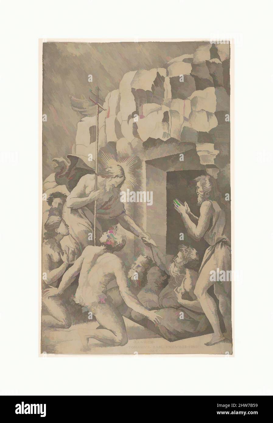 Arte ispirata da Cristo in Limbo, dopo Raffaello, 1541, incisione, foglio (rifinito): 11 3/16 x 6 11/16 poll. (28,4 x 17 cm), stampe, Nicolas Beatrizet (francese, Lunéville 1515–ca. 1566 Roma (?)), dopo Raffaello (Raffaello Sanzio o Santi) (italiano, Urbino 1483–1520 Roma, opere classiche modernizzate da Artotop con un tocco di modernità. Forme, colore e valore, impatto visivo accattivante sulle emozioni artistiche attraverso la libertà delle opere d'arte in modo contemporaneo. Un messaggio senza tempo che persegue una nuova direzione selvaggiamente creativa. Artisti che si rivolgono al supporto digitale e creano l'NFT Artotop Foto Stock