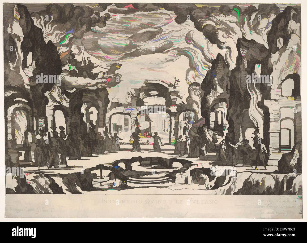 Arte ispirata dal quinto Interlude: Vulcan (Intermedio quinto di Vulcano), dalla serie 'Seven Interludes' per la celebrazione nuziale di Cosimo de' Medici a Firenze, 1608, 1608, incisione, foglio: 7 9/16 x 10 7/16 pollici. (19,2 x 26,5 cm), Remigio Cantagallina (italiano, Borgo Sansepolcro, opere classiche modernizzate da Artotop con un tuffo di modernità. Forme, colore e valore, impatto visivo accattivante sulle emozioni artistiche attraverso la libertà delle opere d'arte in modo contemporaneo. Un messaggio senza tempo che persegue una nuova direzione selvaggiamente creativa. Artisti che si rivolgono al supporto digitale e creano l'NFT Artotop Foto Stock