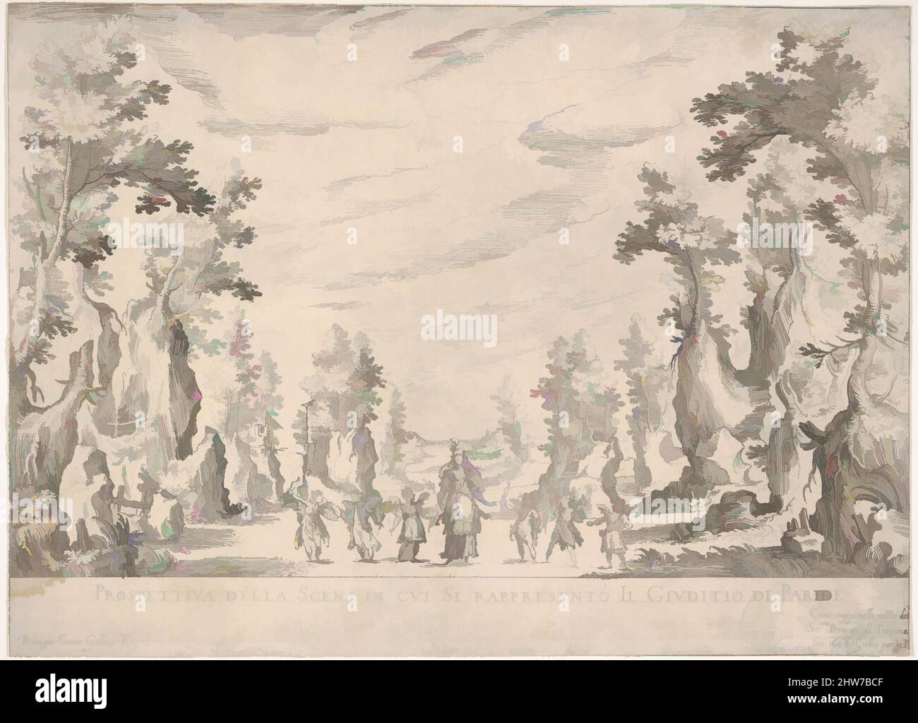 Arte ispirata dalla vista della scena in cui è rappresentato il Giudizio di Parigi (Prospettiva della scena in cui si rappresentò il Giuditio do Paride), dalla serie 'Seven Interludes' per la celebrazione nuziale di Cosimo de' Medici a Firenze, 1608, 1608, incisione, foglio: 7 5/8 x 10, opere classiche modernizzate da Artotop con un tocco di modernità. Forme, colore e valore, impatto visivo accattivante sulle emozioni artistiche attraverso la libertà delle opere d'arte in modo contemporaneo. Un messaggio senza tempo che persegue una nuova direzione selvaggiamente creativa. Artisti che si rivolgono al supporto digitale e creano l'NFT Artotop Foto Stock