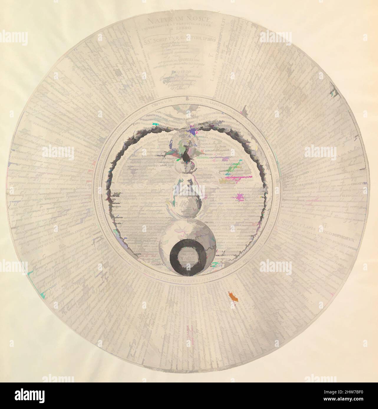 Arte ispirata alla pietra filosofale di Heinrich Khunrath, Amphiteatrum sapientiae aeternae, n.d., incisione da una piastra circolare, foglio: Diametro 15 7/8 poll. (40,4 cm), stampe, attribuito a Peter van der Doort (nato Anversa, attivo Amburgo ca. 1590–1605), dopo Hans Vredrean de, opere classiche modernizzate da Artotop con un tuffo di modernità. Forme, colore e valore, impatto visivo accattivante sulle emozioni artistiche attraverso la libertà delle opere d'arte in modo contemporaneo. Un messaggio senza tempo che persegue una nuova direzione selvaggiamente creativa. Artisti che si rivolgono al supporto digitale e creano l'NFT Artotop Foto Stock